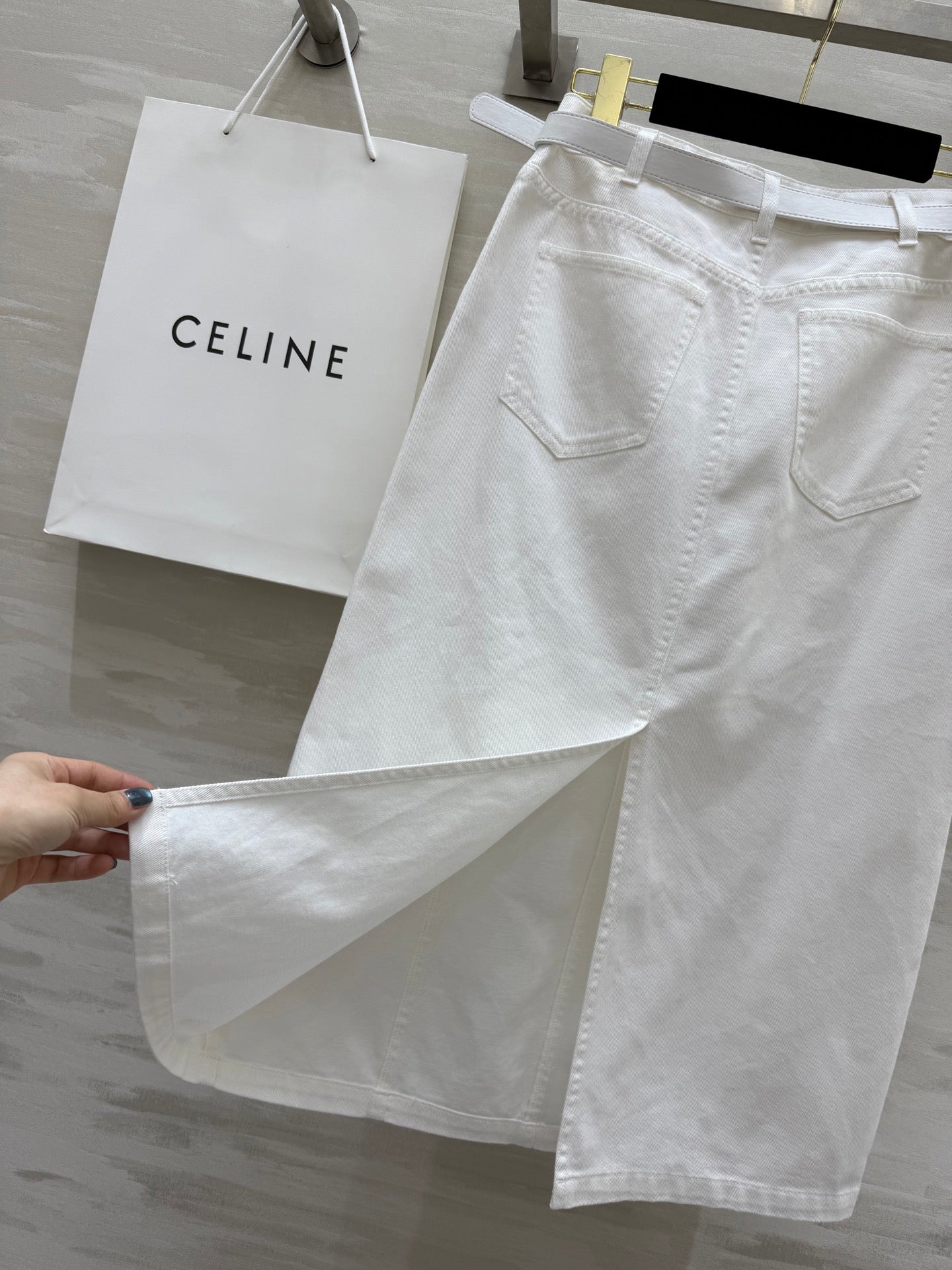 Celine 25 Denim Skirt with Logo Belt White Cotton