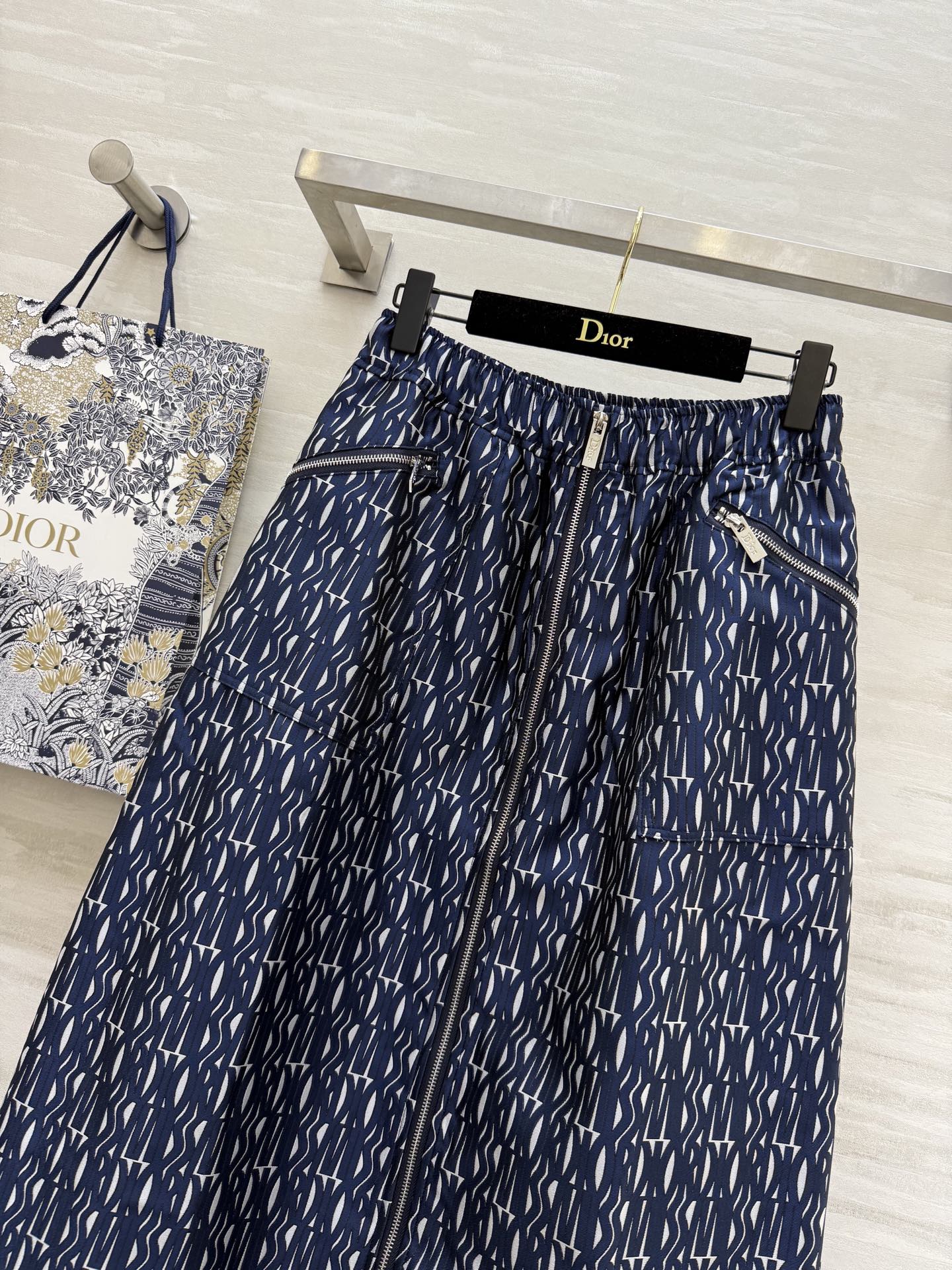 CD 2025 Letter Long Skirt Blue Jacquard Canvas