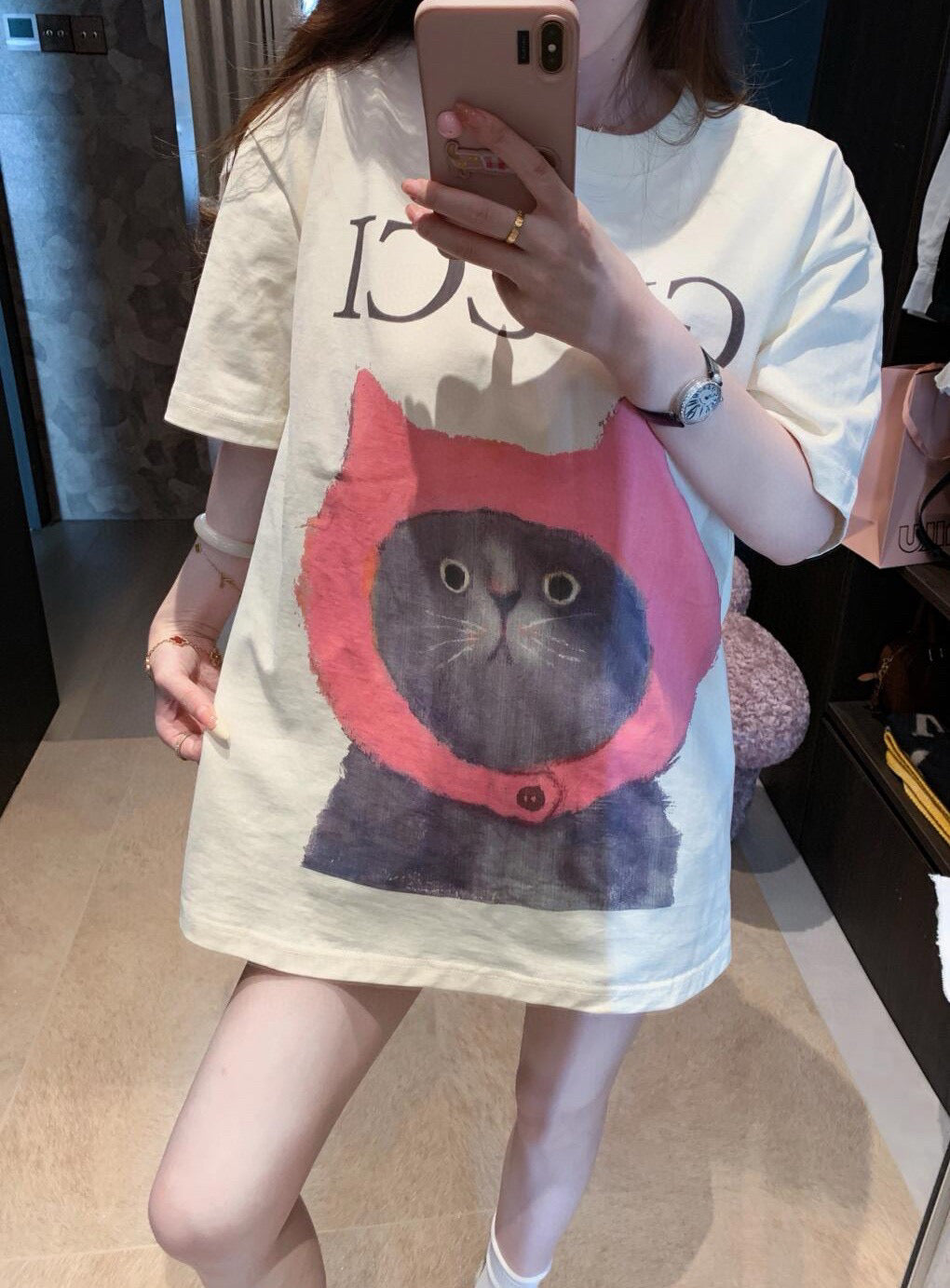 Gucci 25 Kitten Short-sleeved T-shirt Beige Brown Cotton