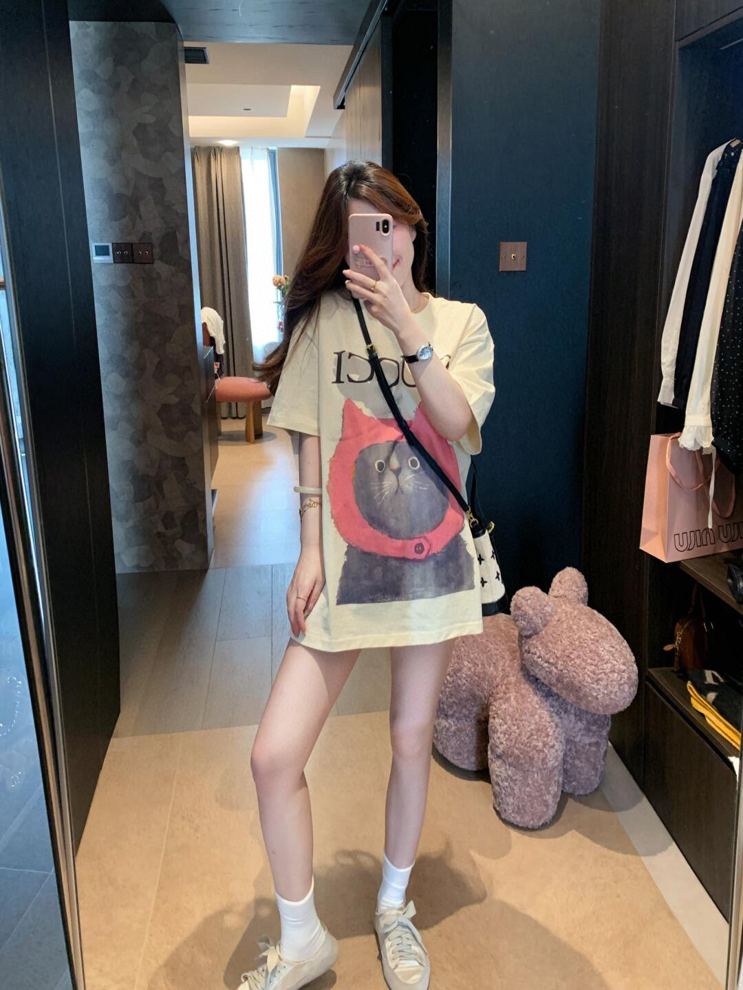 Gucci 25 Kitten Short-sleeved T-shirt Beige Brown Cotton