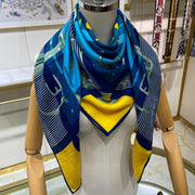 Mors a Jouets Chemise Shawl 110 CM In Blue Colorful Cashmere And Mulberry Silk 253303