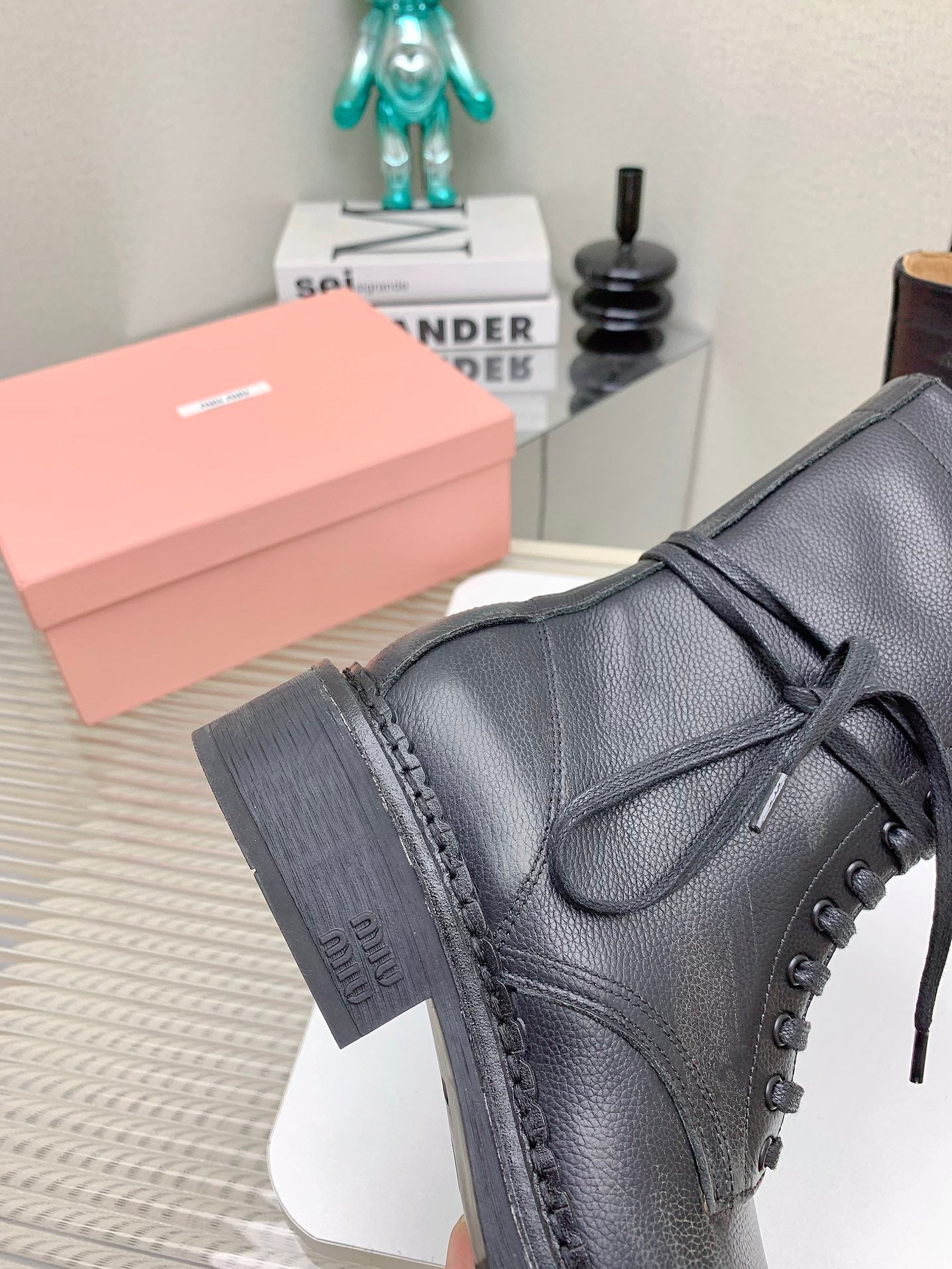 Miu Leather Laced Booties Black Cowhide