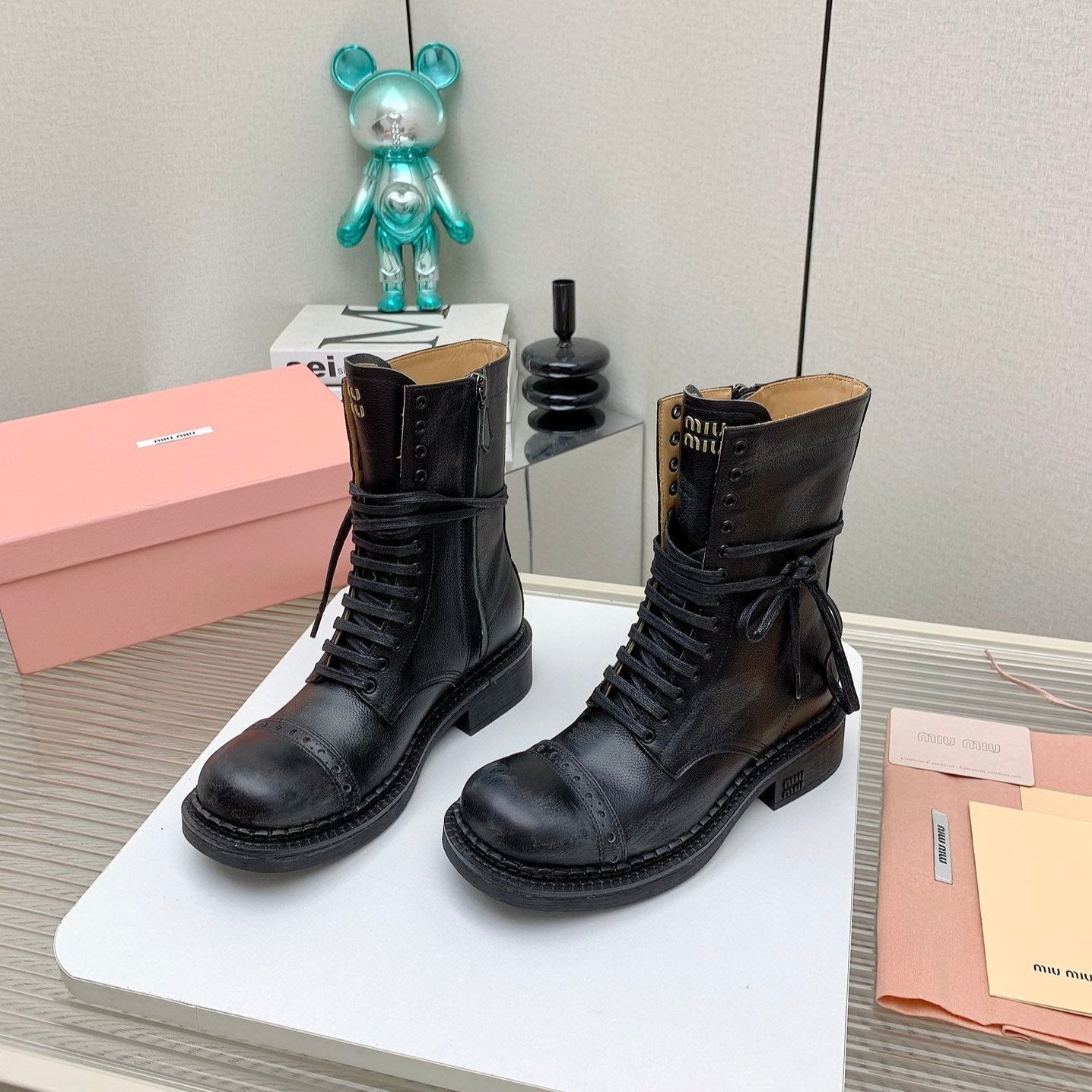 Miu Leather Laced Booties Black Cowhide