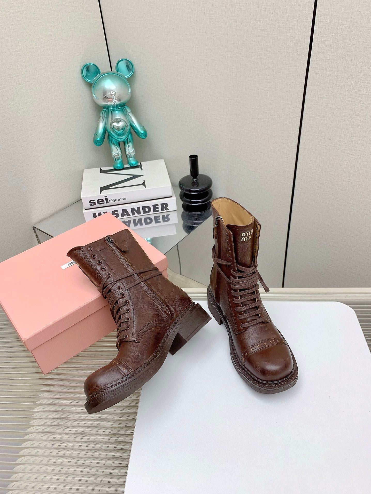 Miu Leather Laced Booties Chestnut Brown Cowhide