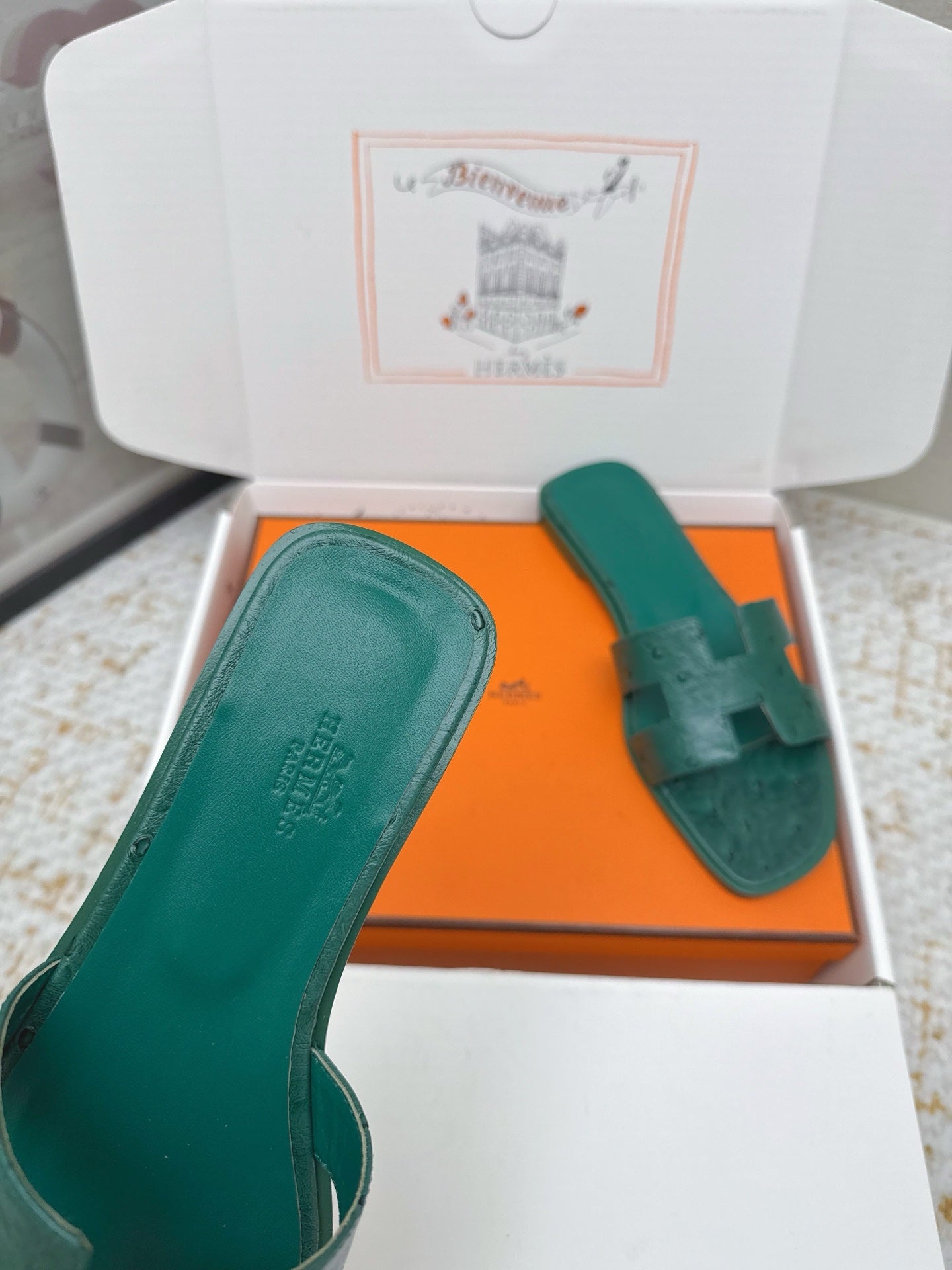 HM 26ss Oran Sandals Forest Green Ostrich Leather 625108