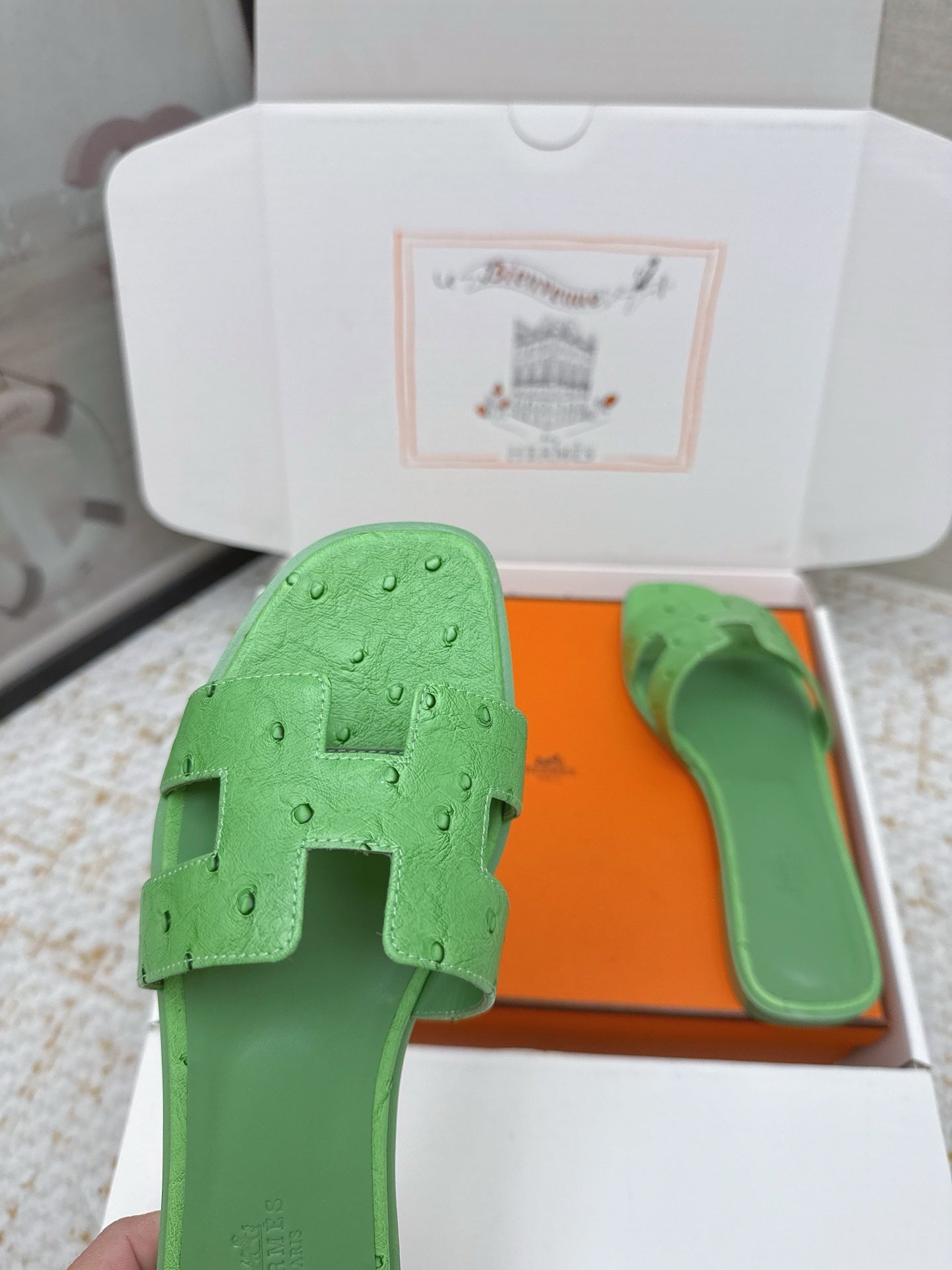 HM 26ss Oran Sandals Green Ostrich Leather 625110