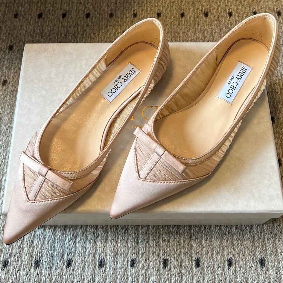 Jimmy Choo 2026 Pleated Bow Pointed Toe Ballet Flat Mesh Silk 933905