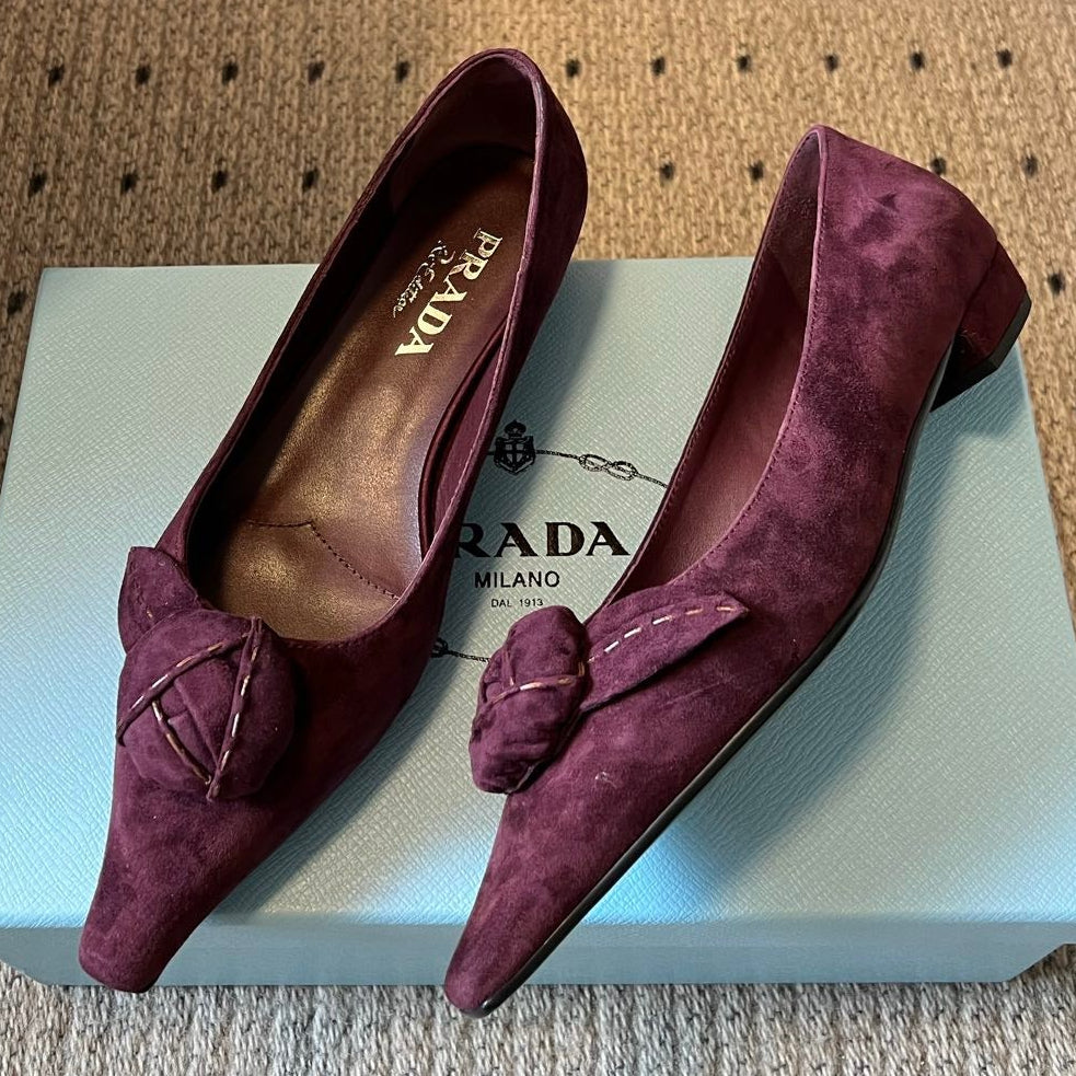Prada 2026 Bow Pointed Toe Pumps Suede 151280