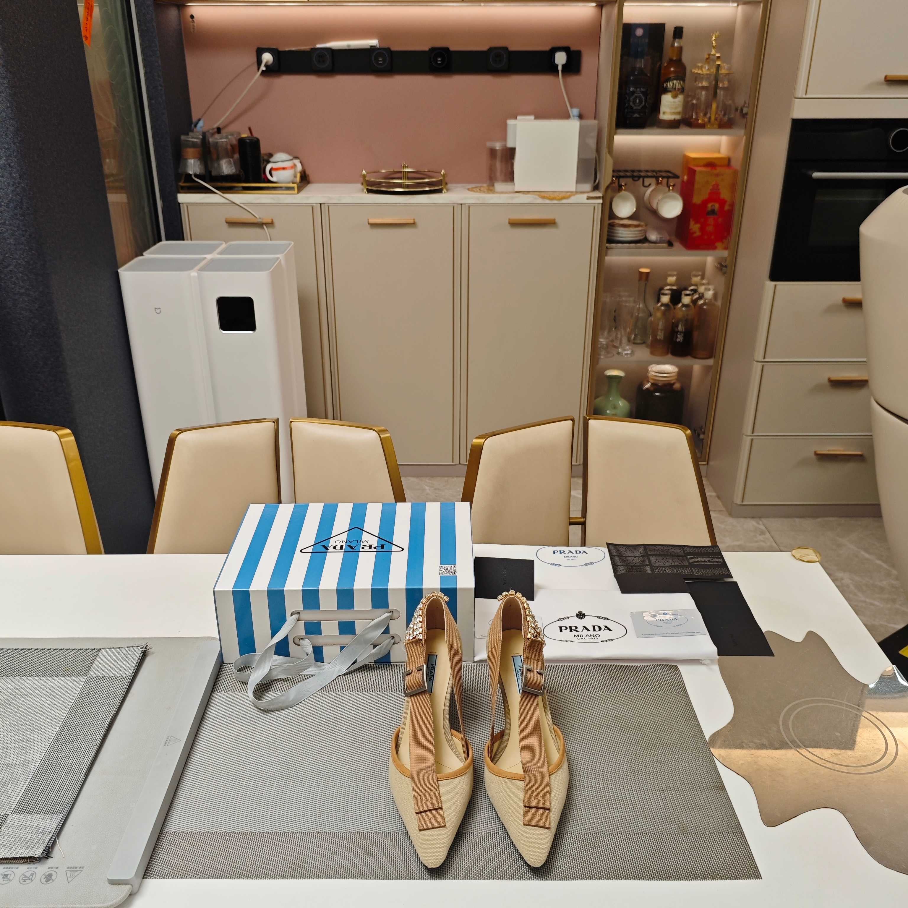 PRA 26S High Heel Pump 70 Beige Brown Canvas Rhinestones 630570