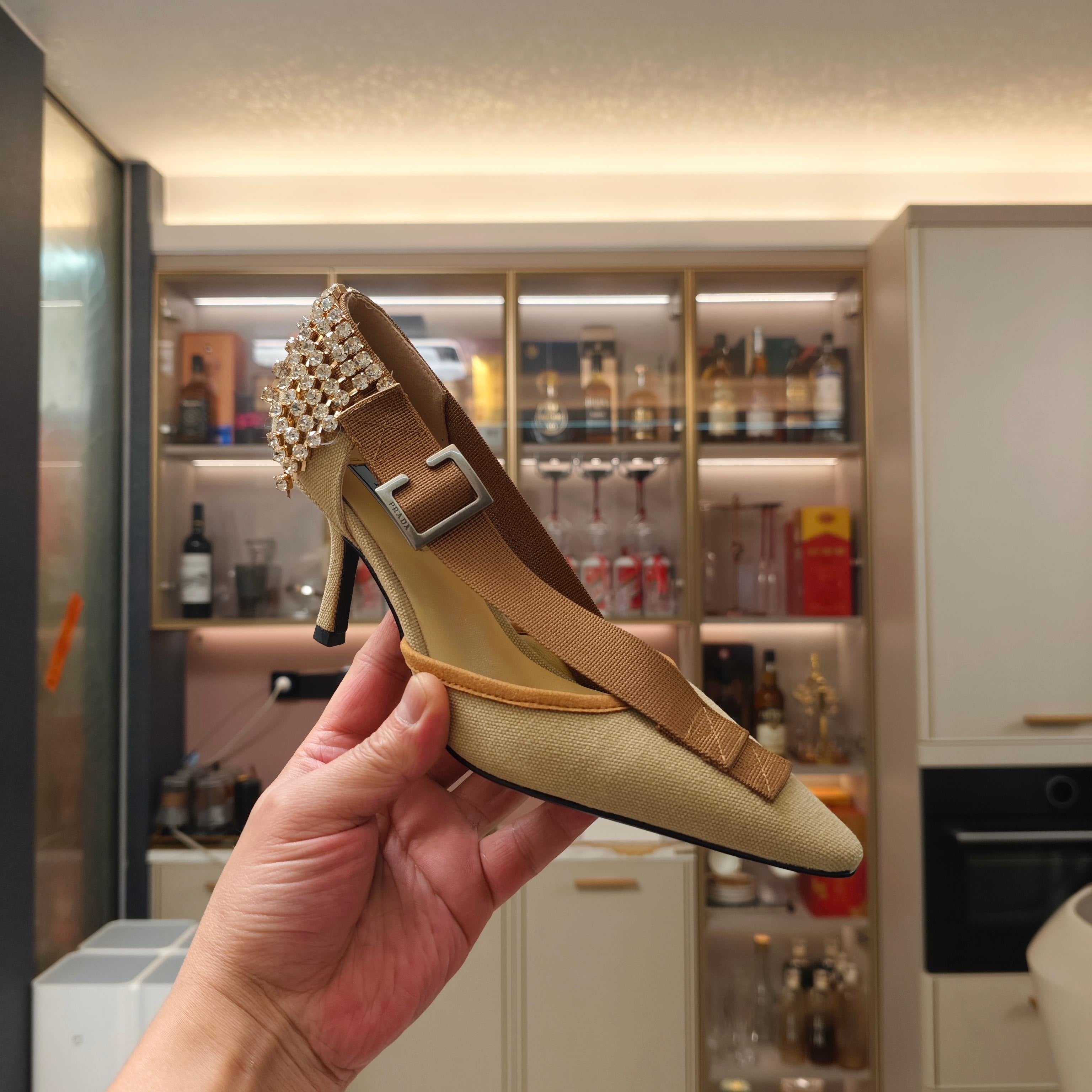 PRA 26S High Heel Pump 70 Beige Brown Canvas Rhinestones 630570