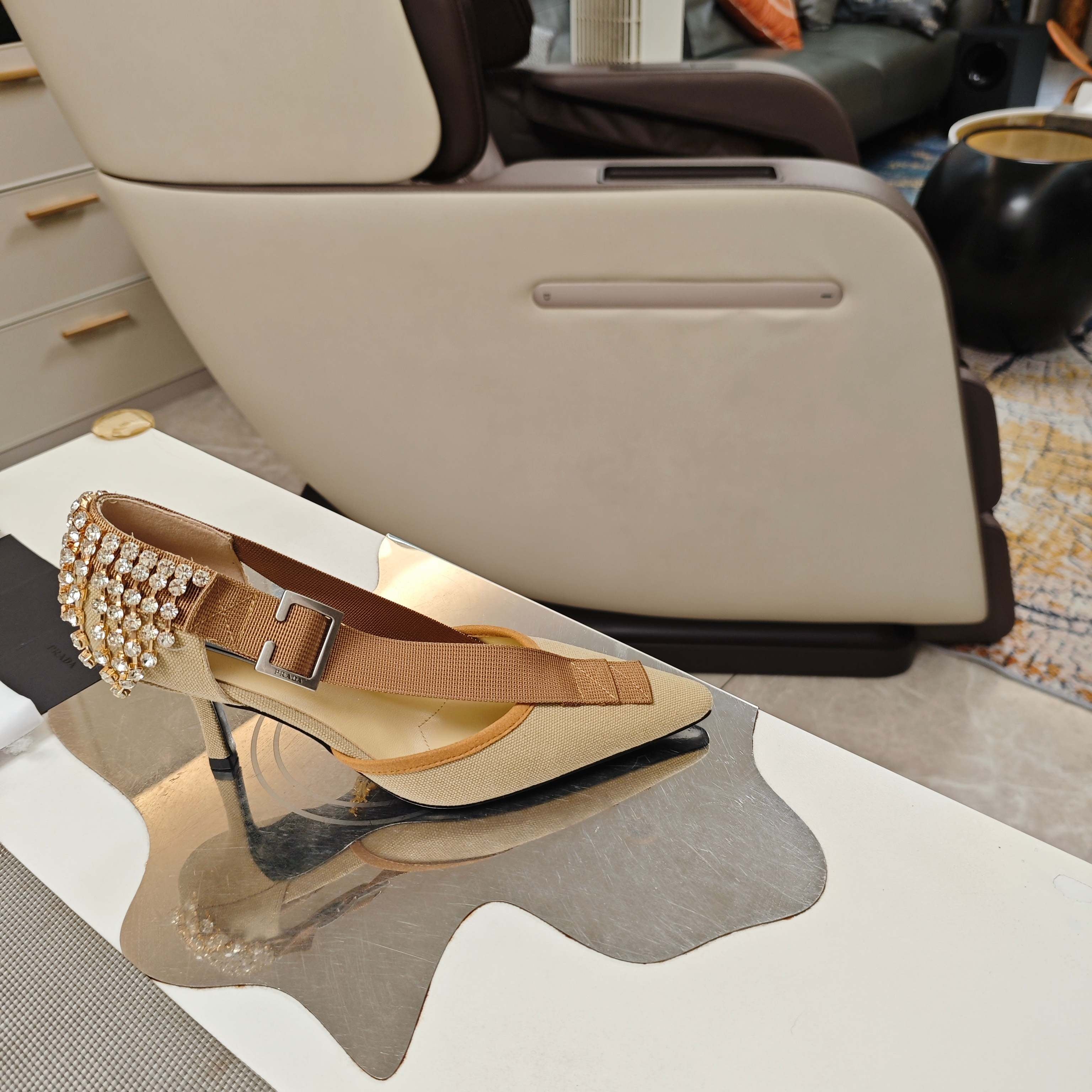 PRA 26S High Heel Pump 70 Beige Brown Canvas Rhinestones 630570