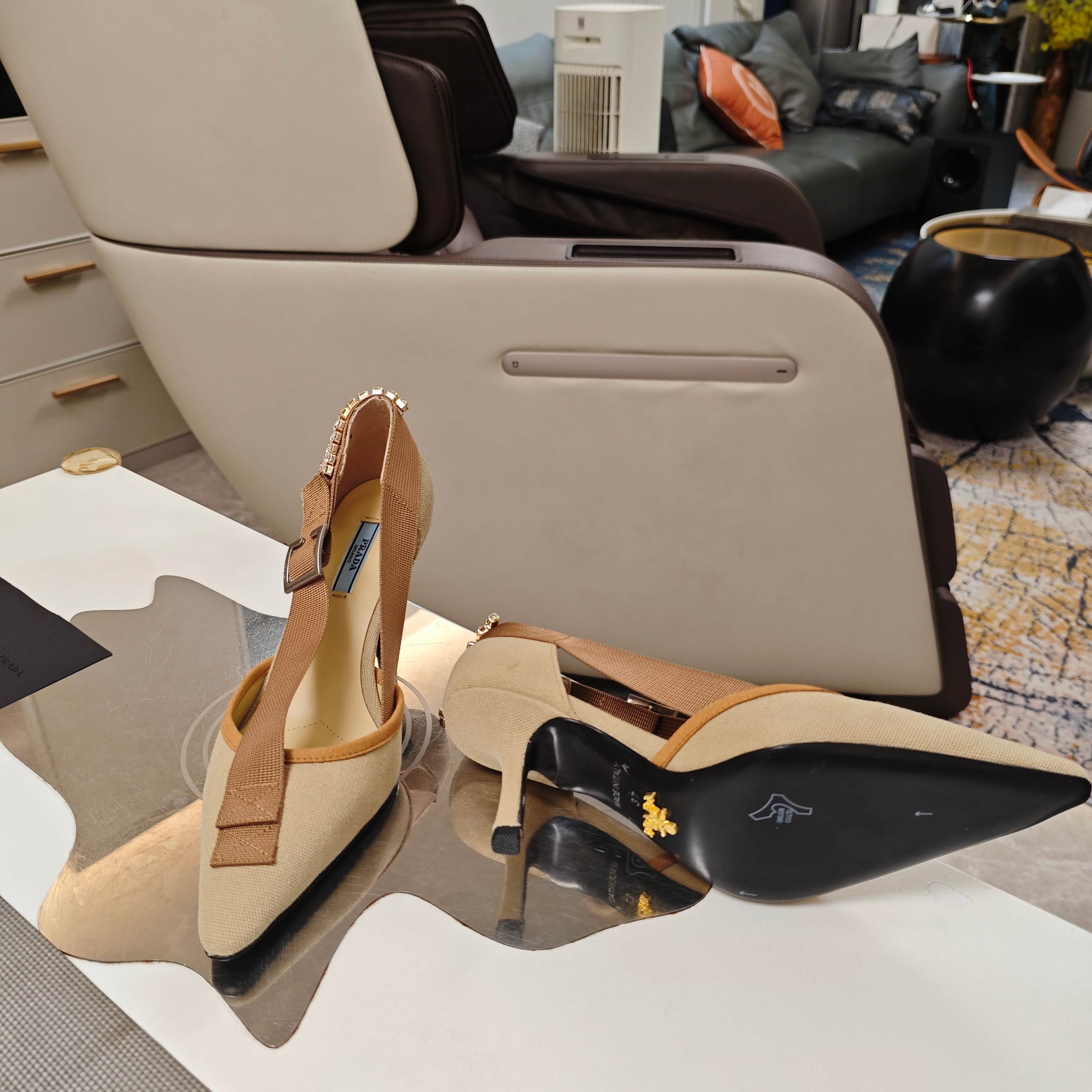 PRA 26S High Heel Pump 70 Beige Brown Canvas Rhinestones 630570