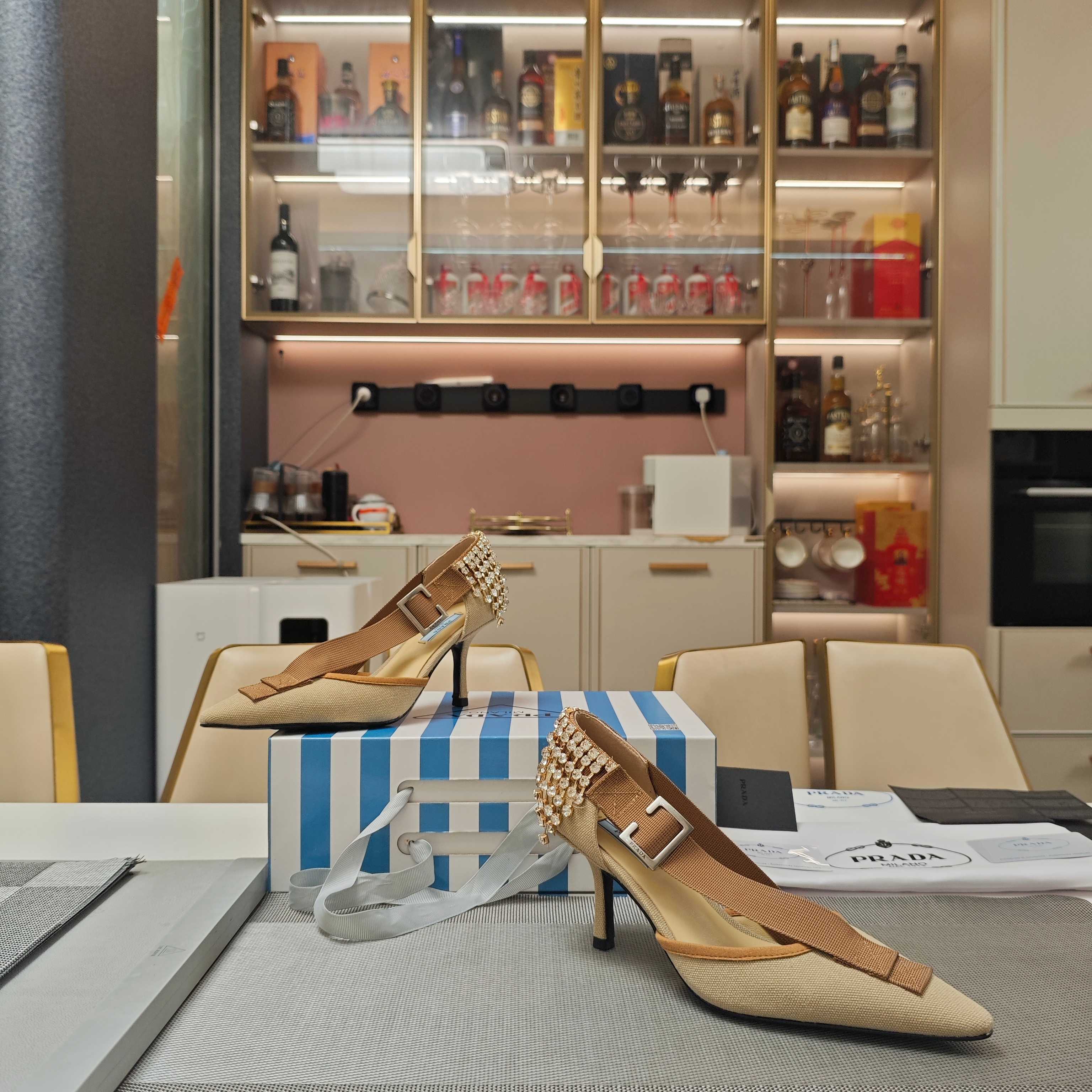 PRA 26S High Heel Pump 70 Beige Brown Canvas Rhinestones 630570