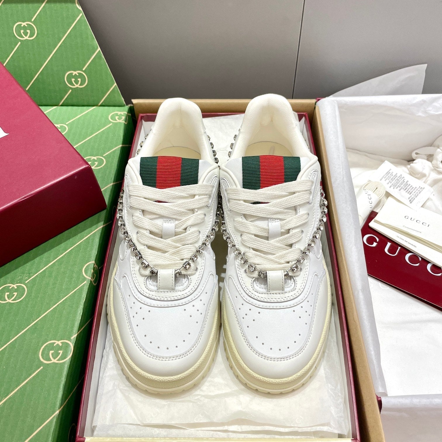 GG 26 Sneaker White Cowhide Chain With Rhinestones 632873