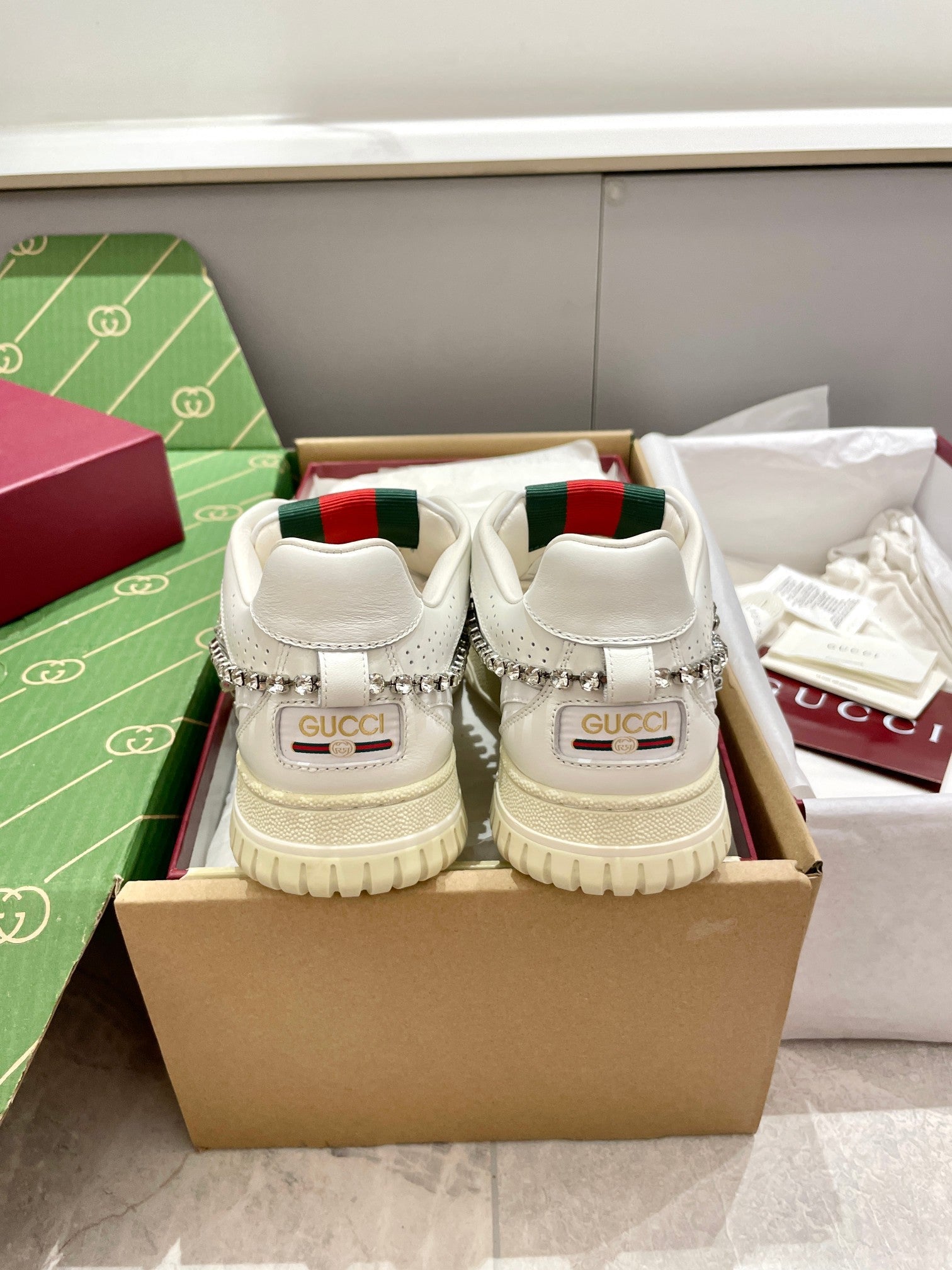 GG 26 Sneaker White Cowhide Chain With Rhinestones 632873