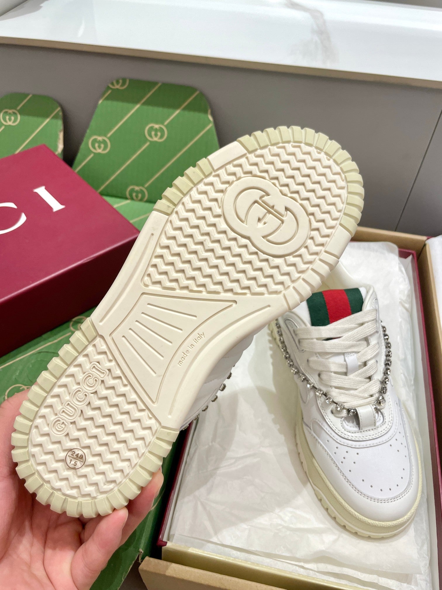 GG 26 Sneaker White Cowhide Chain With Rhinestones 632873