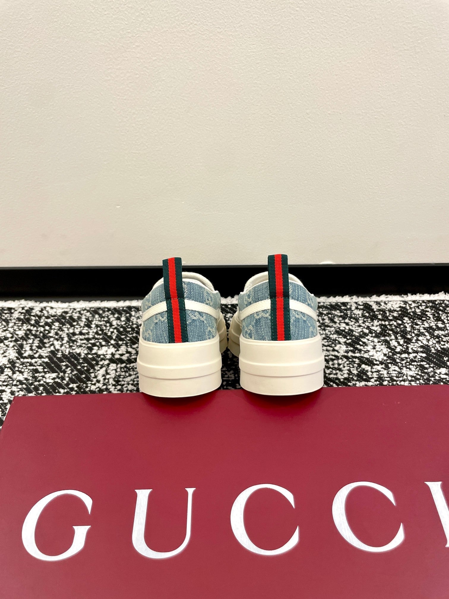 GG 26 Platform Loafers Light Blue White Monogram Denim 632827