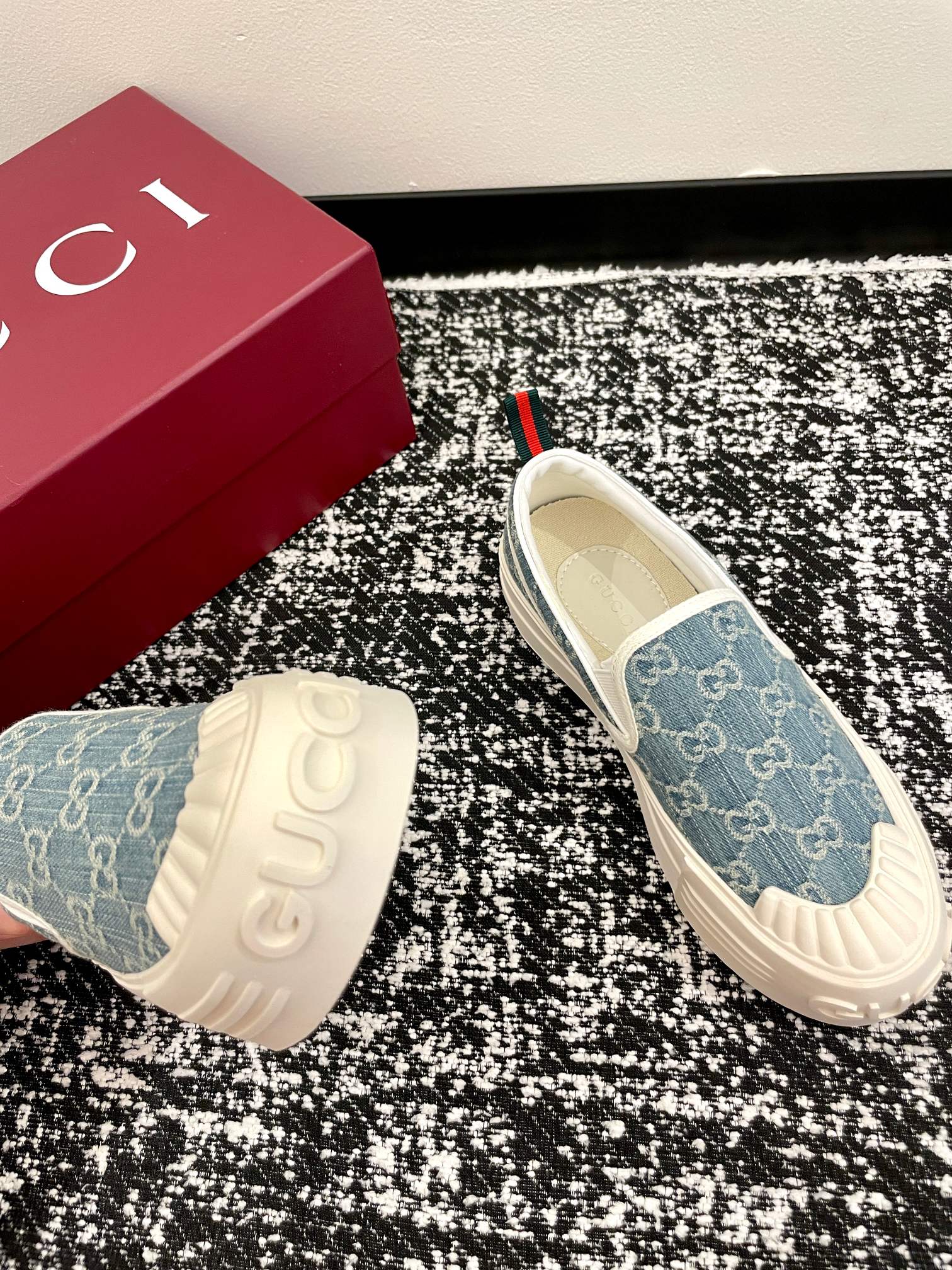 GG 26 Platform Loafers Light Blue White Monogram Denim 632827