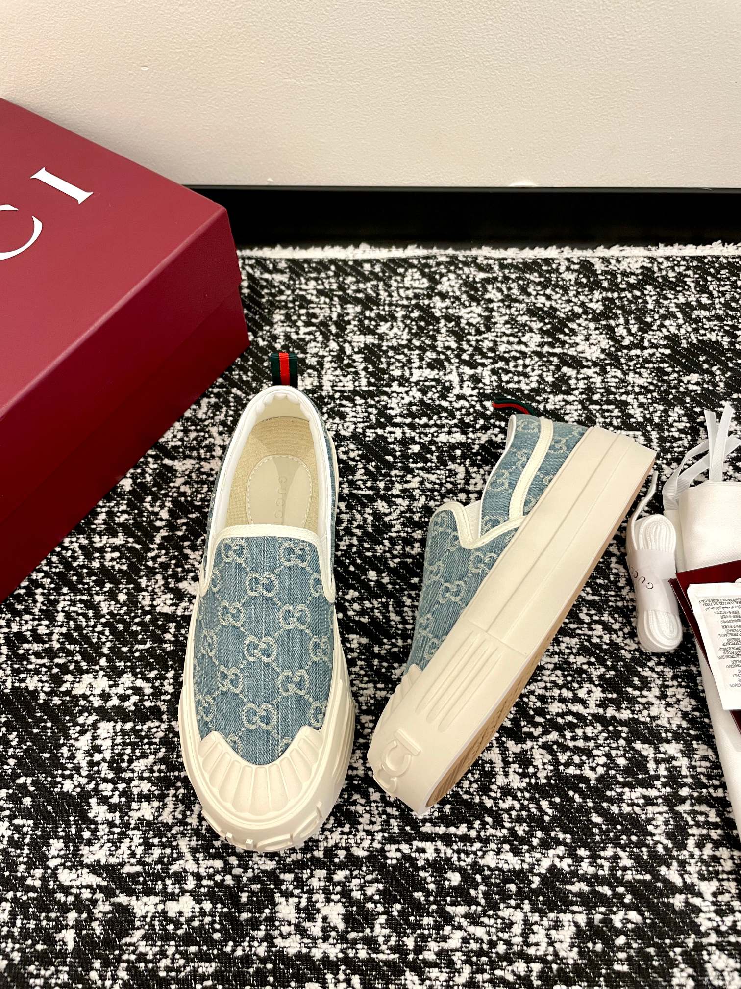 GG 26 Platform Loafers Light Blue White Monogram Denim 632827