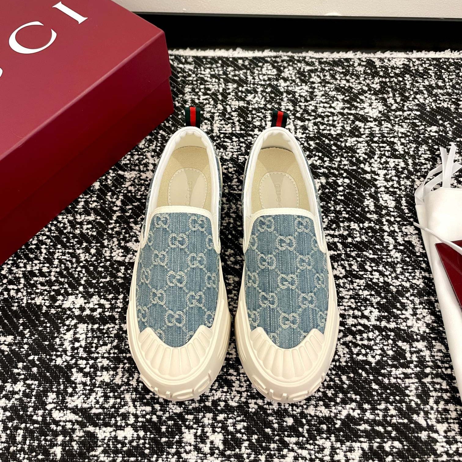 GG 26 Platform Loafers Light Blue White Monogram Denim 632827