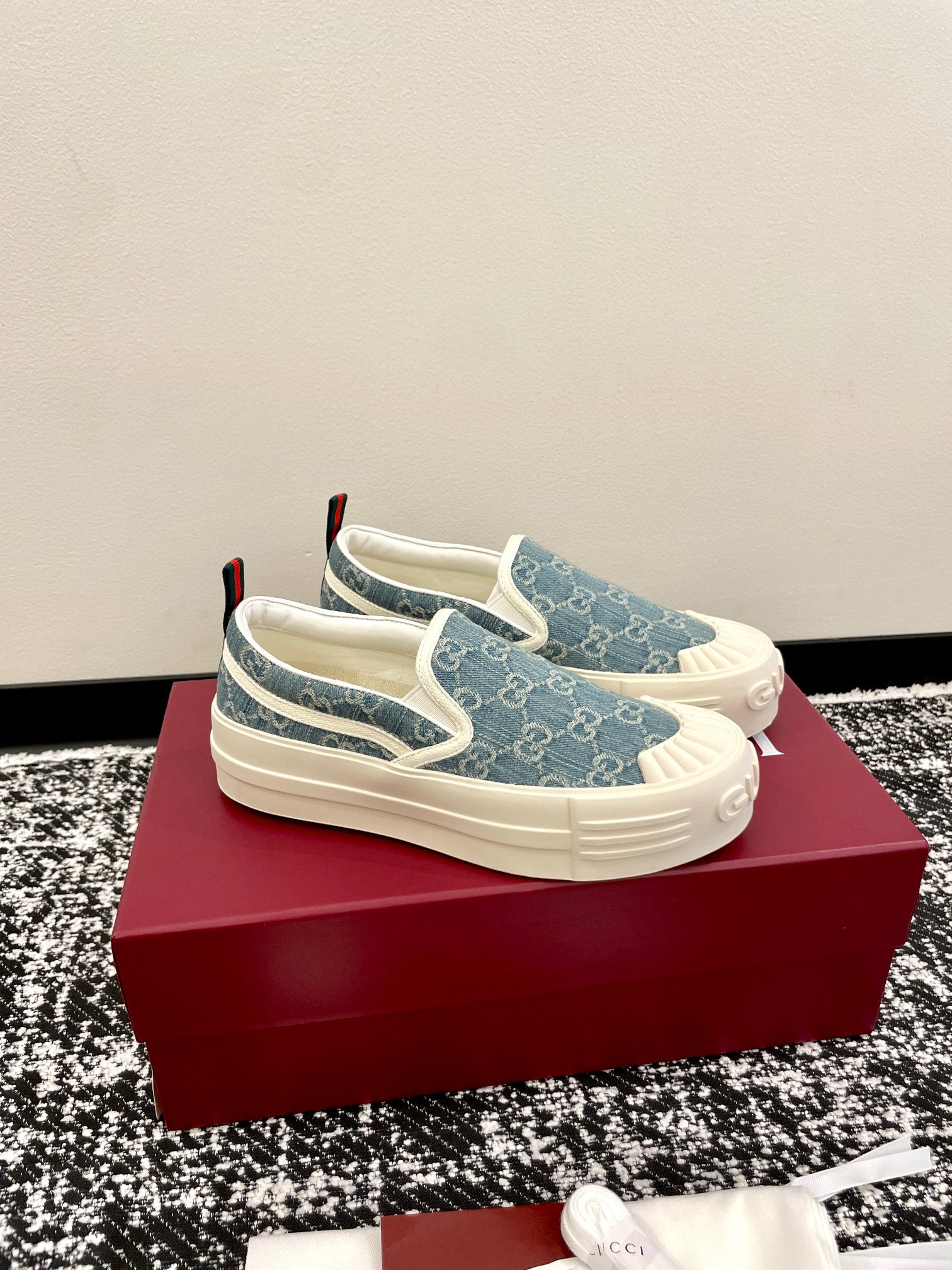 GG 26 Platform Loafers Light Blue White Monogram Denim 632827