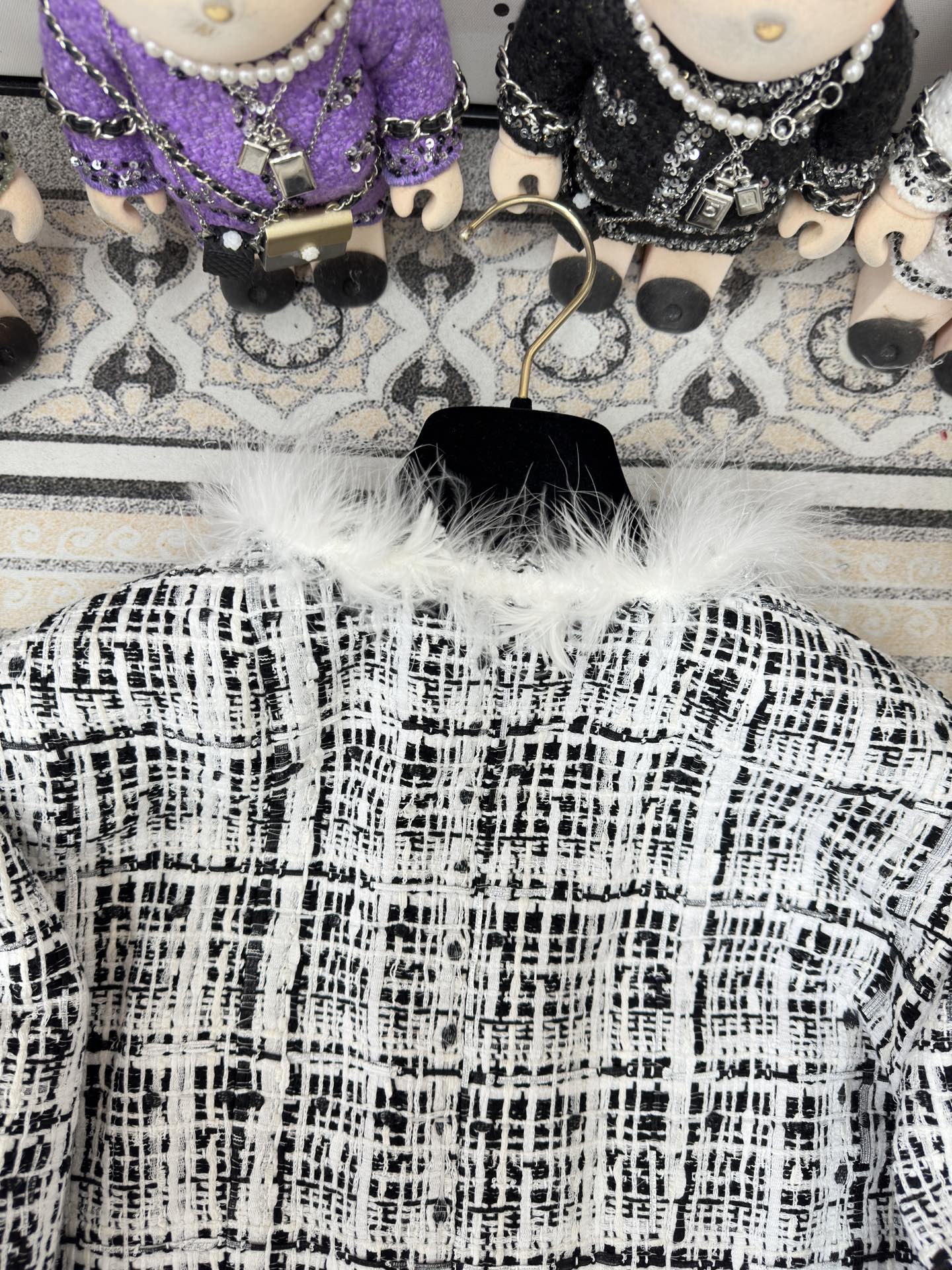 CC Tweed Fur Coat Black White Cotton Polyamide 251826