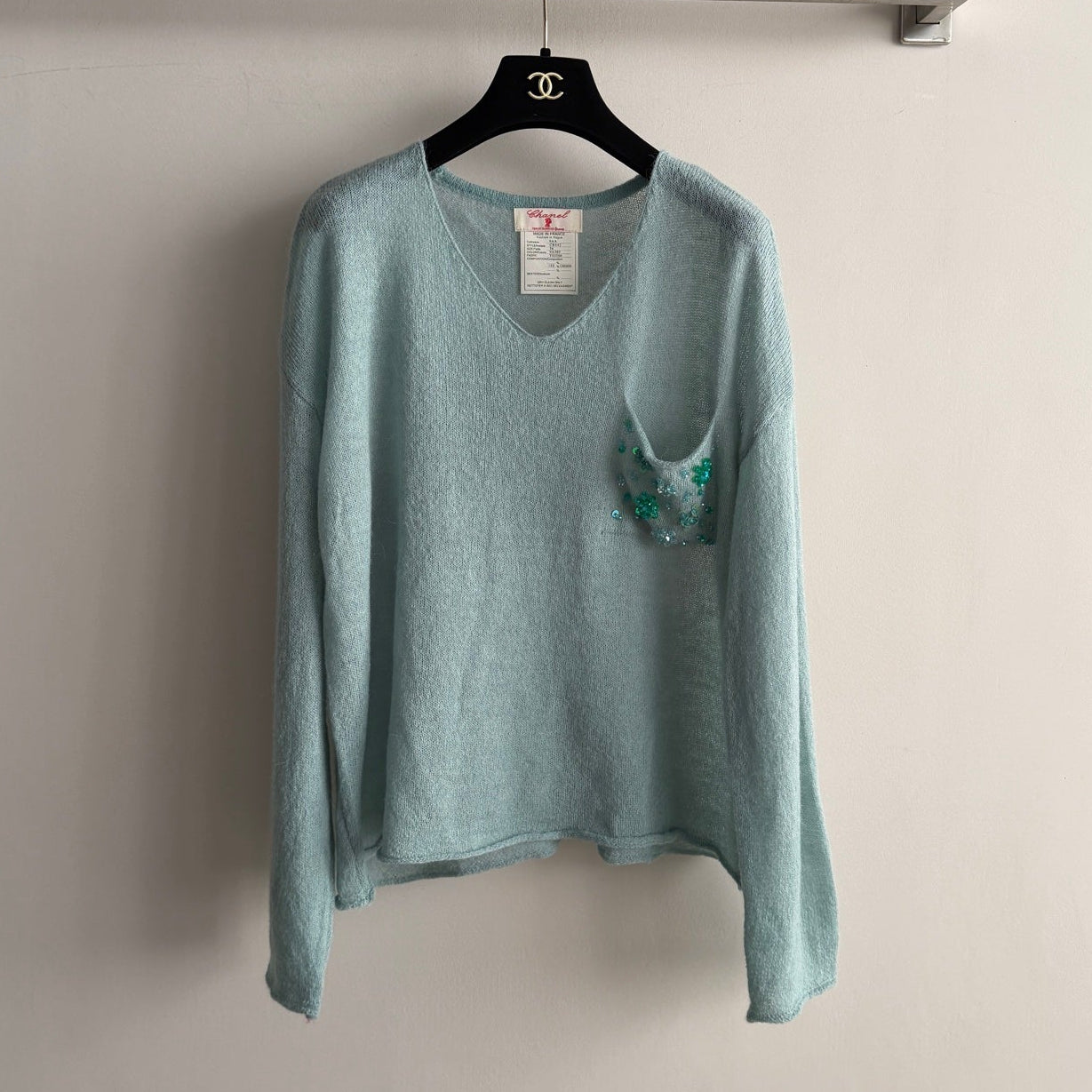 Chanel 2026 Sequin Embellishment V-neck Knit Top Turquoise Wool 417716