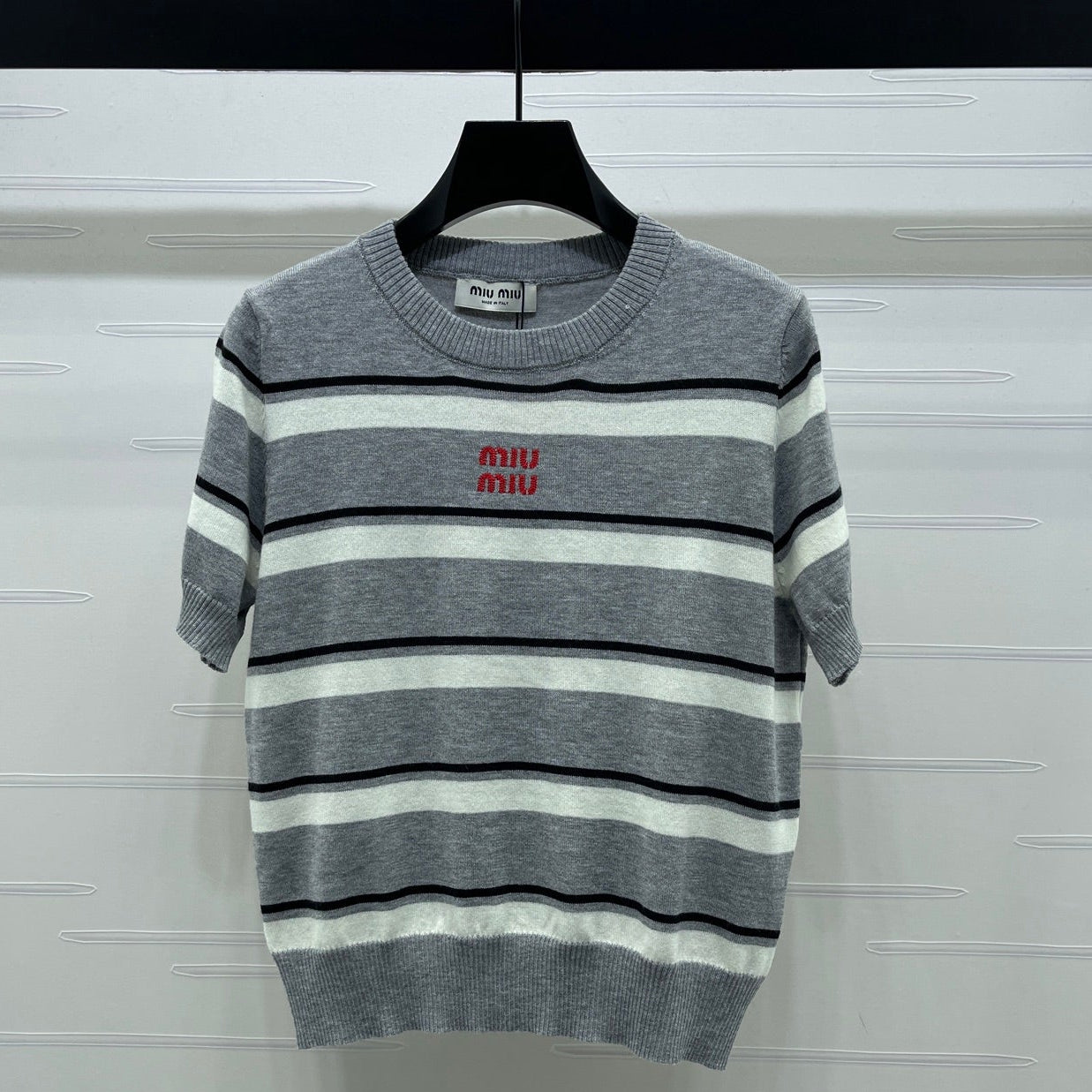 Miumiu 2026 Crew Neck Striped Short-sleeved Knit Top Gray Cotton 352436