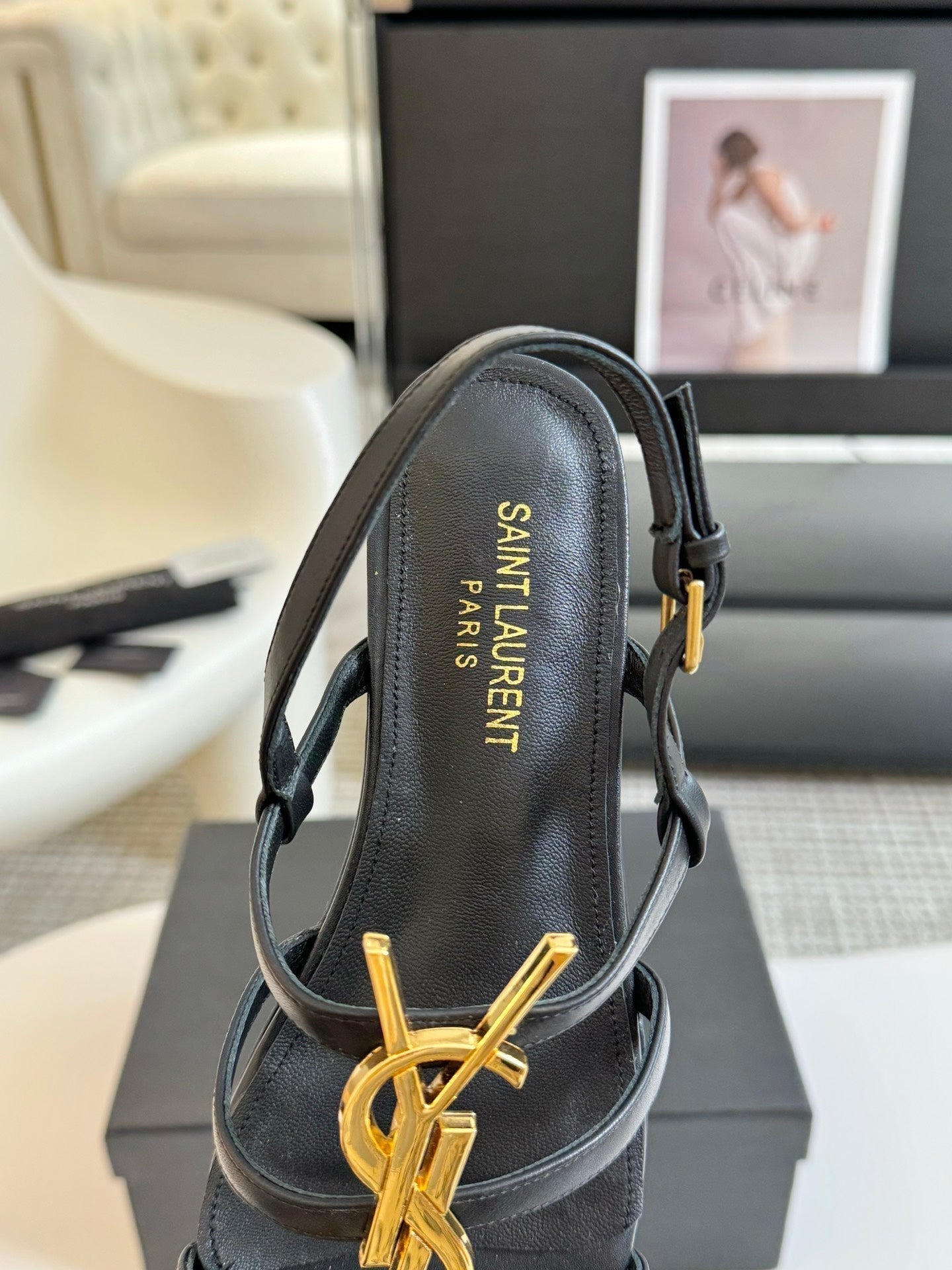 Yves SL Buckle Women Sandals Black Leather