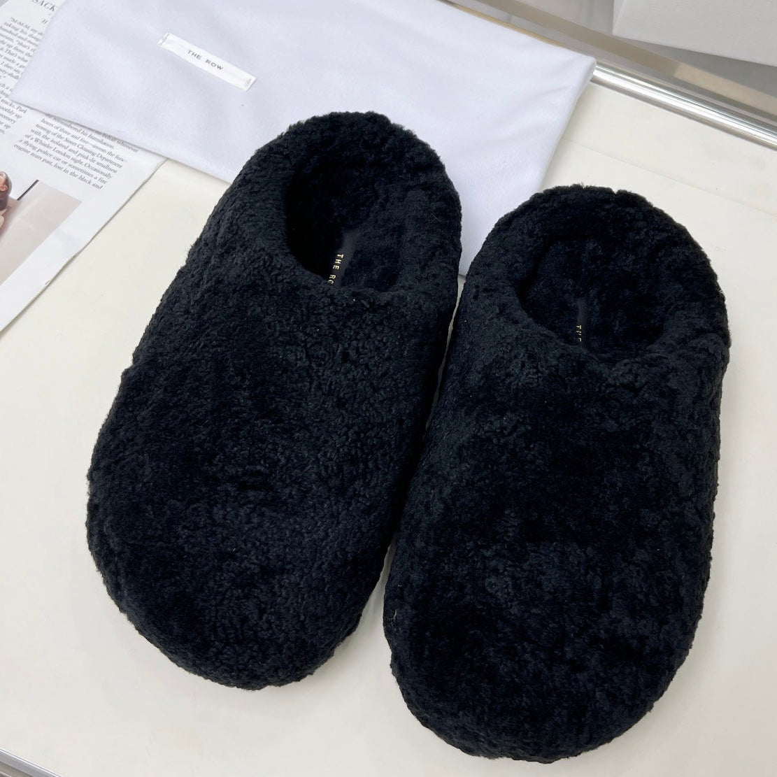 The Row 2025 Retro Oversized Toe Birkenstock Slipper Black Wool 576033