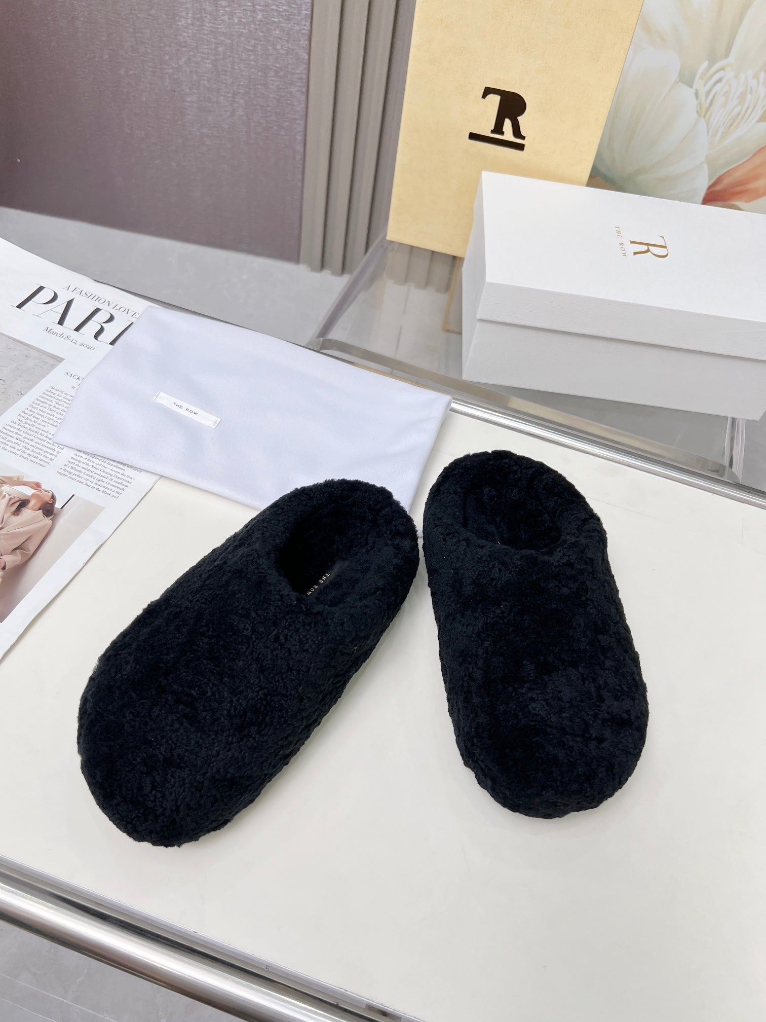 The Row 2025 Retro Oversized Toe Birkenstock Slipper Black Wool 576033