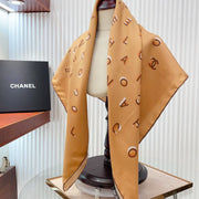 CC Square Scarf 90 CM In Dark Beige With Printed Letters Silk Twill 300436
