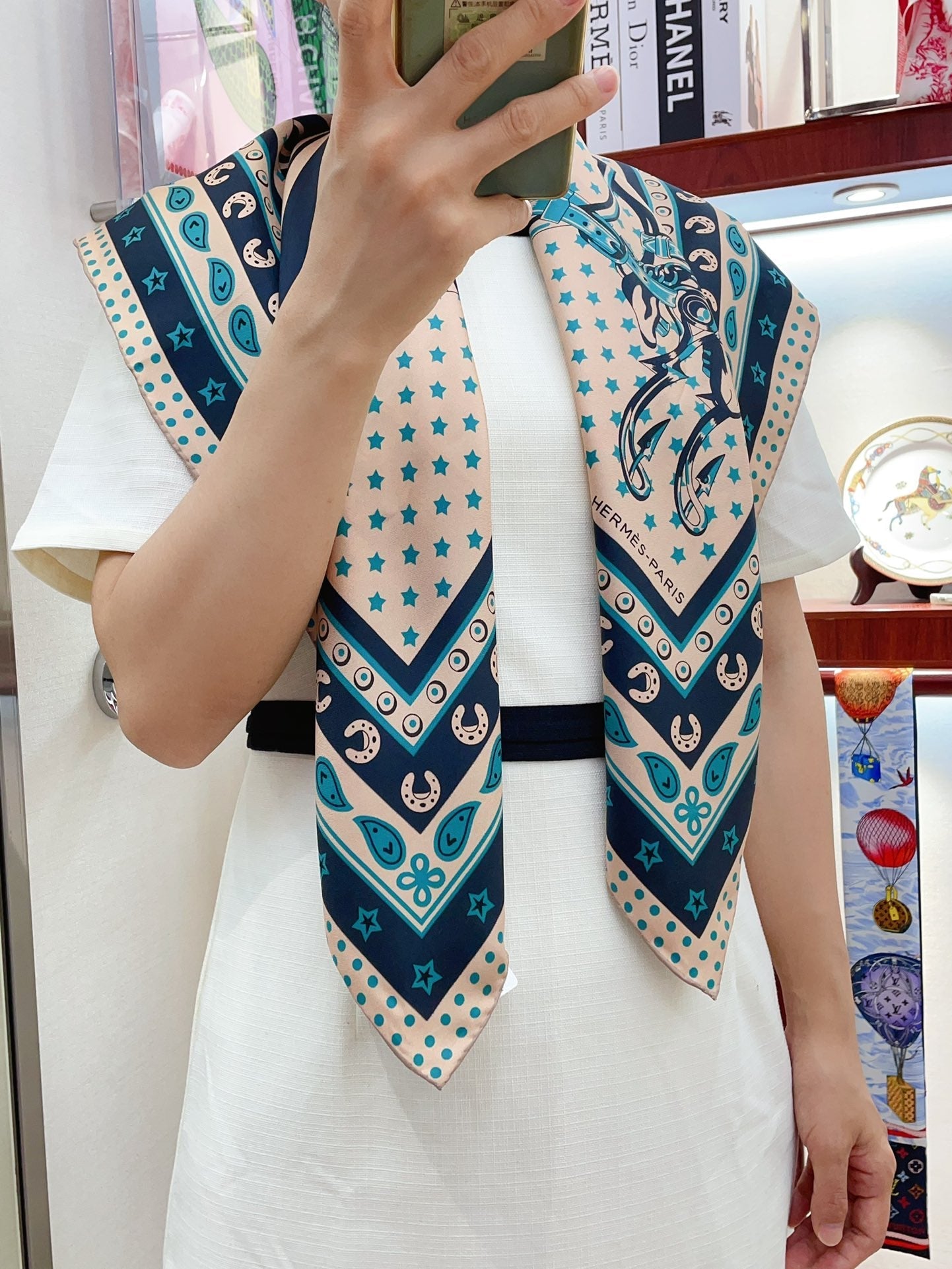 Cheval Punk Bandana Scarf 90 CM In Beige Mix Black Deep Green  Silk Twill 309211