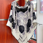 CC Square Scarf 140 CM In White Mix Black Small Flower Cashmere And Silk 342863