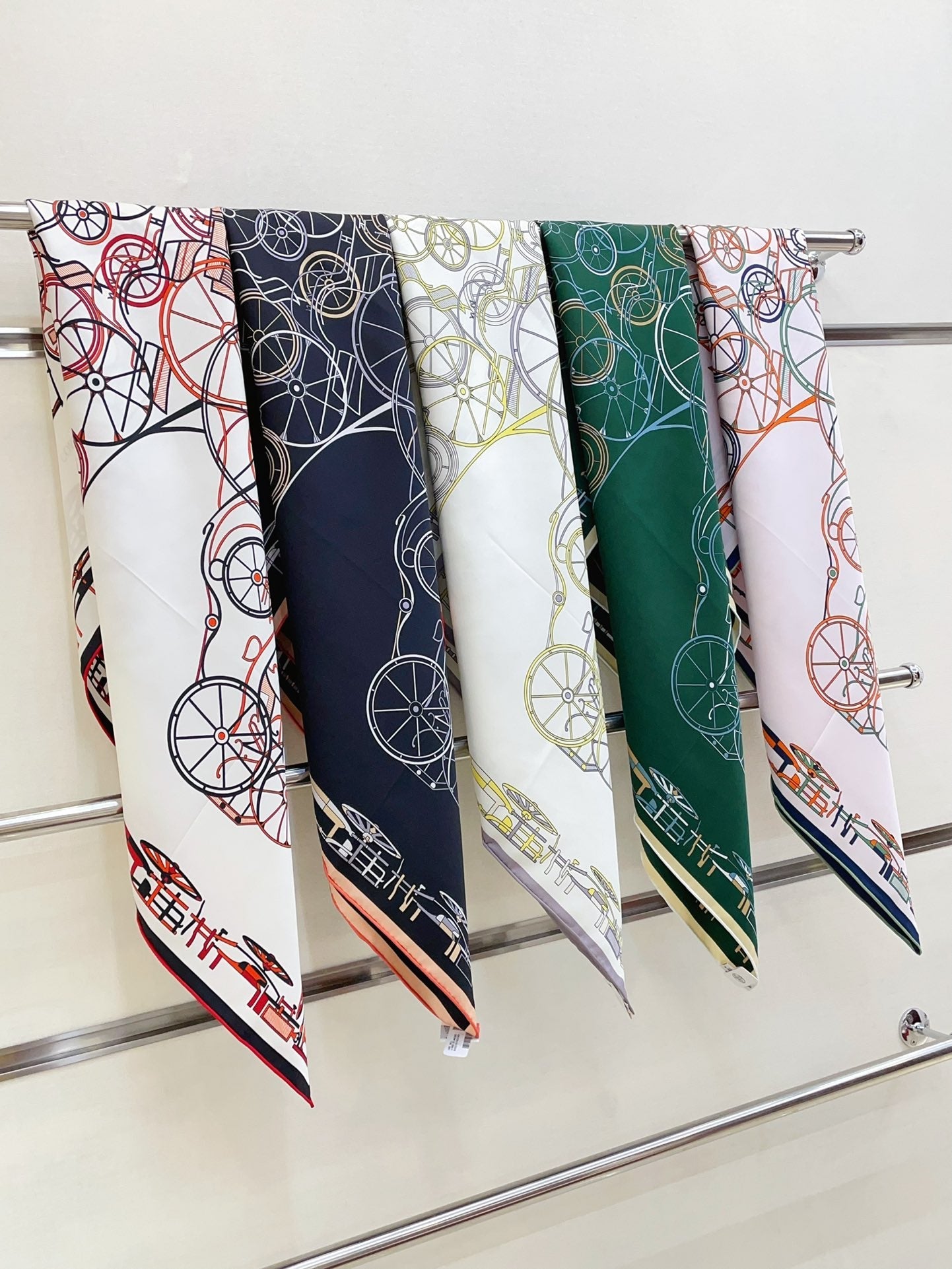 Complication Equestre Scarf 90 CM In White Orange Coloful Silk Twill 345897