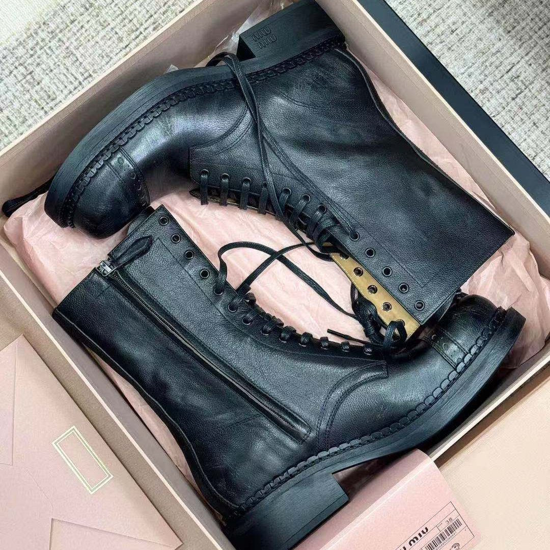 Miu Short Boots Black Paint Calfskin