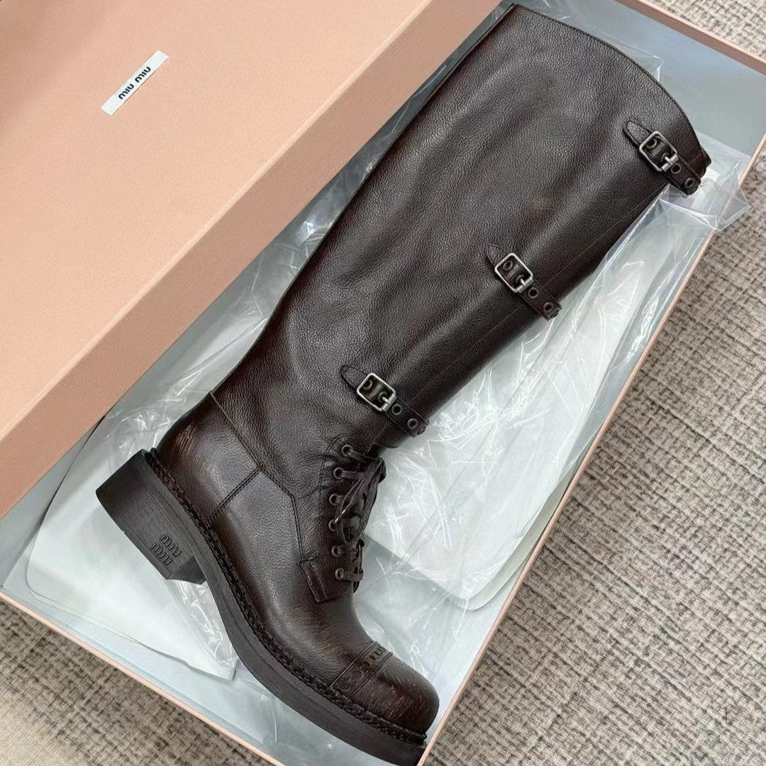 Miu Boots High Neck Dark Brown Calfskin