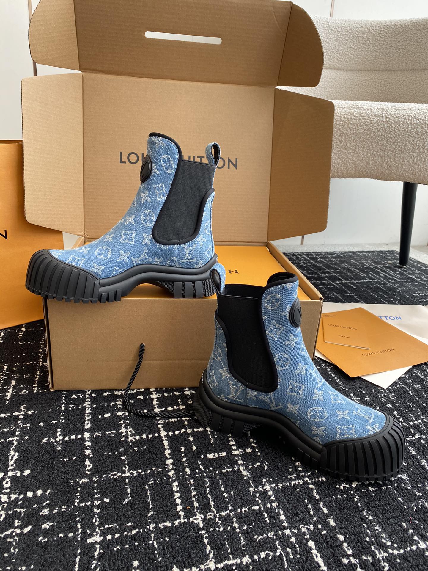 LV Ruby Flat Ankle Boots Light Blue Monogram Jacquard Fabric