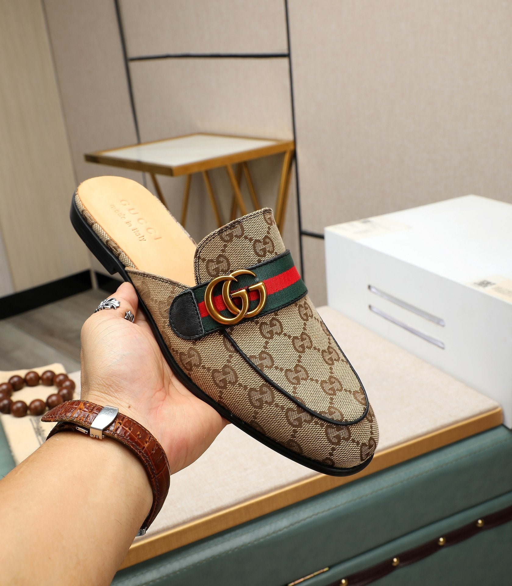 GG Men's Interlocking GG Mule Brown Denim 111477