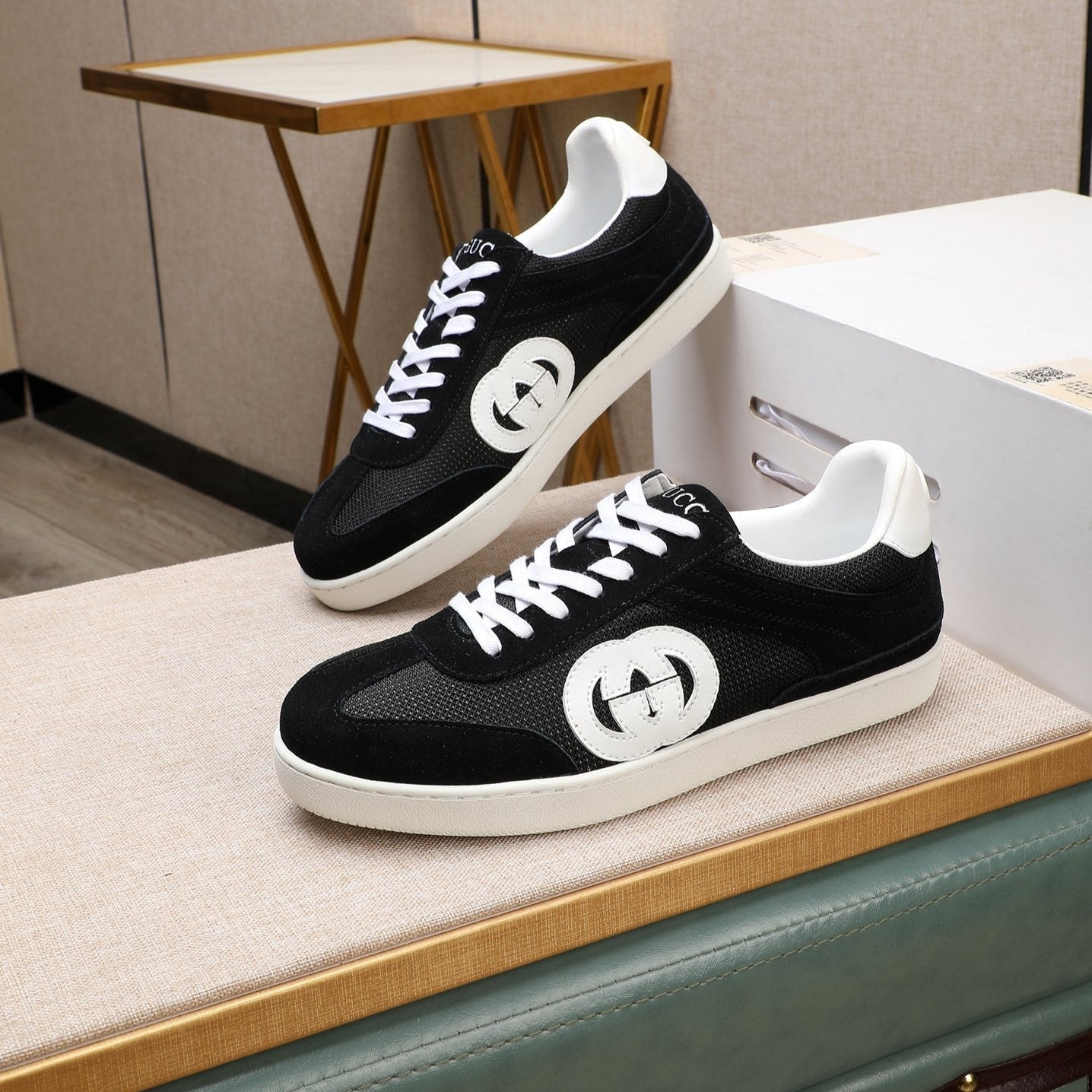 GG Men's G75 Sneaker Black White Mesh Suede 477879