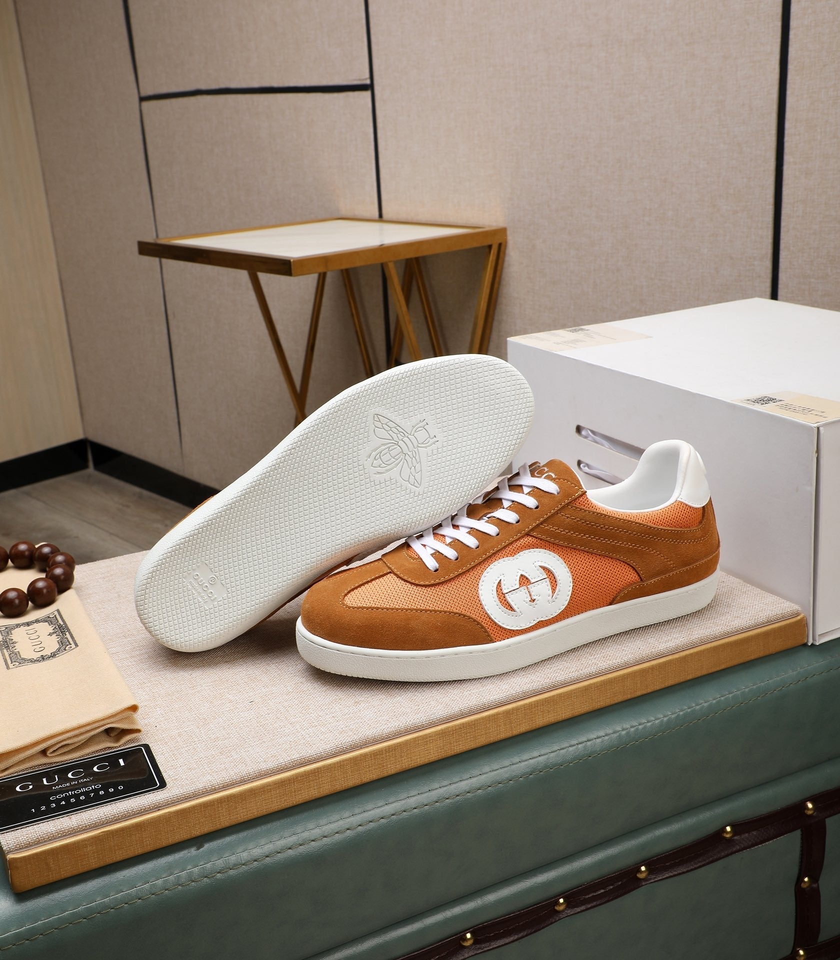 GG Men's G75 Sneaker Brown Orange Mesh Suede 477881