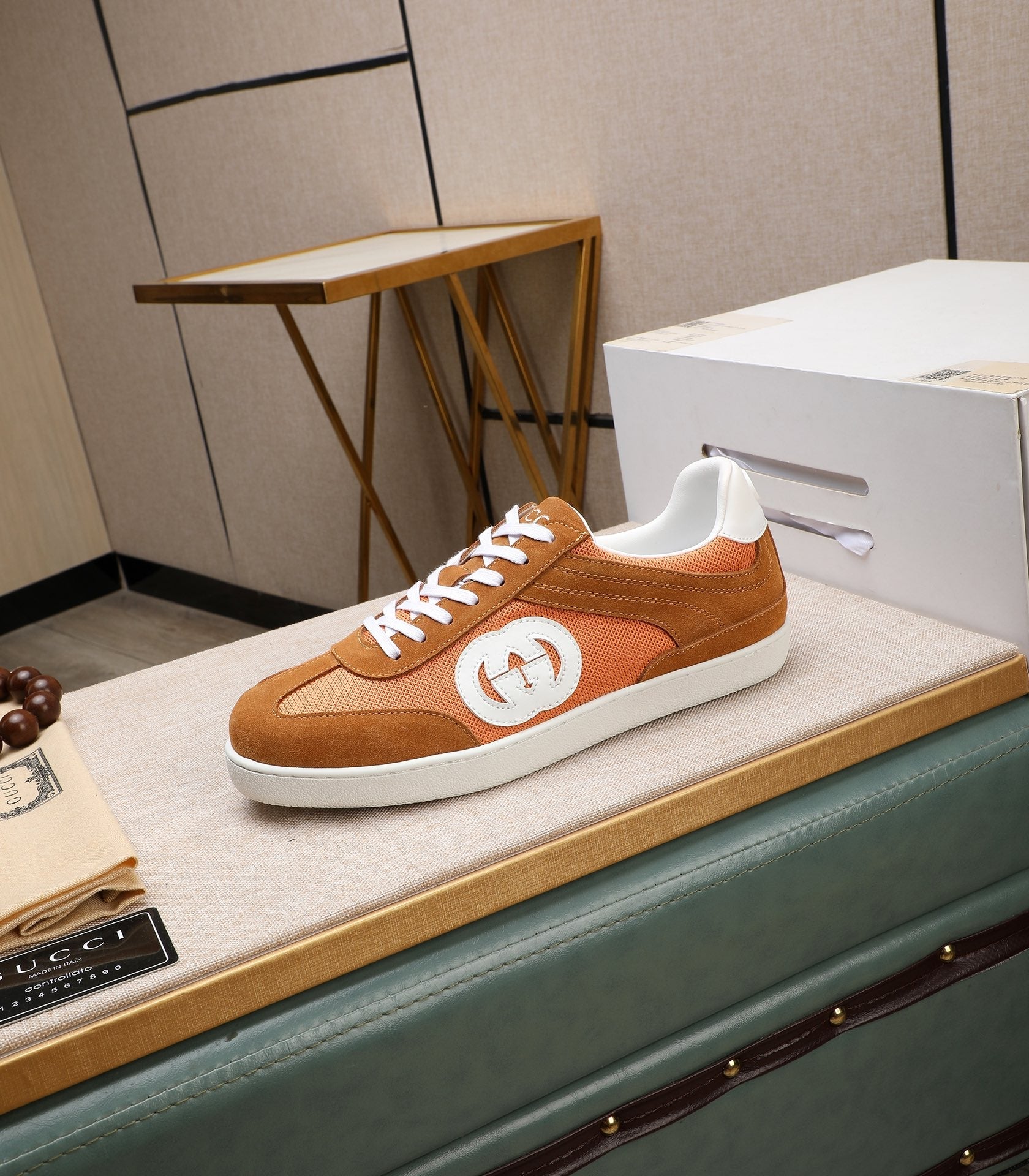 GG Men's G75 Sneaker Brown Orange Mesh Suede 477881