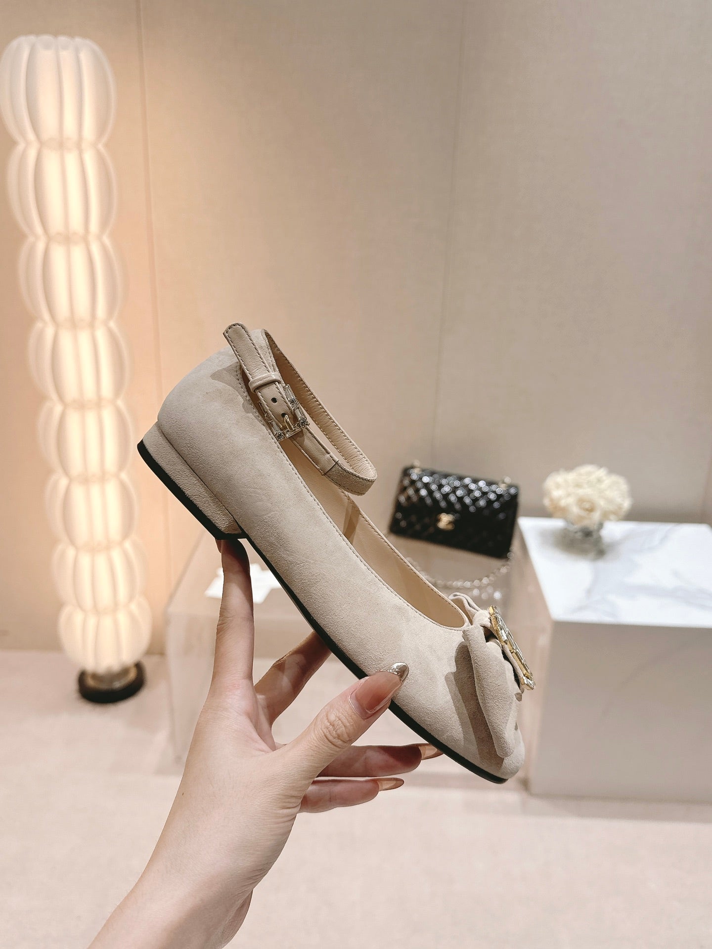 CC Mary Jane Beige Bow Tie Velvet And Lambskin