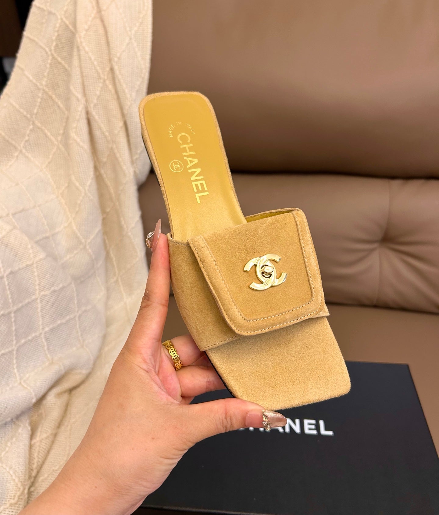 Chanel 2026 Mules Gold-Toned CC Logo Suede Leather 779274