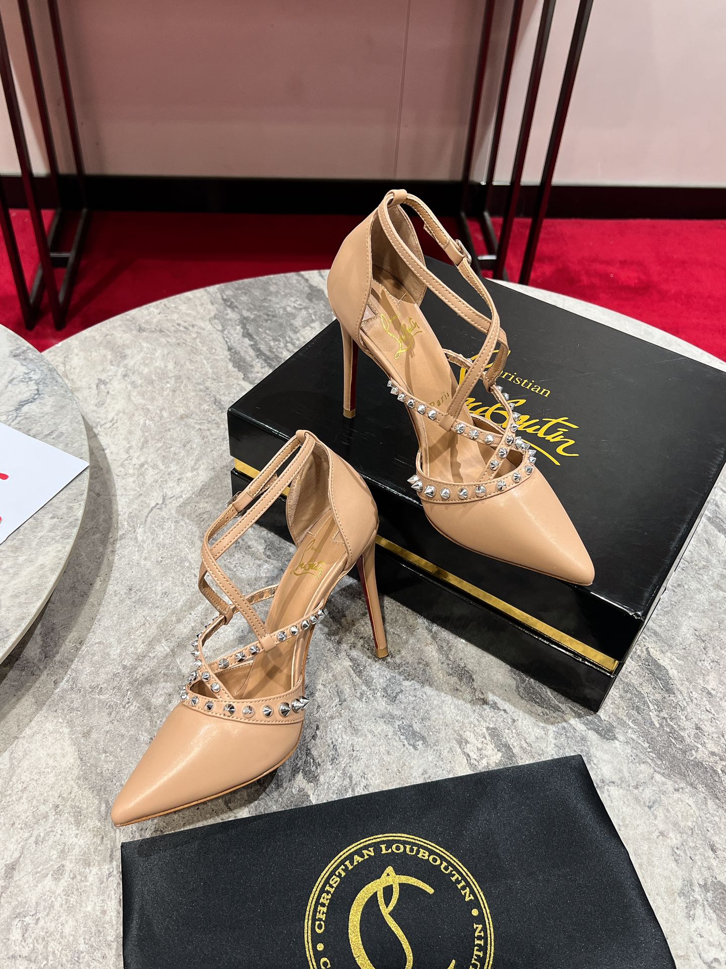 CL Tatooshka Spikes Pump 100mm Nappa Leather Nude