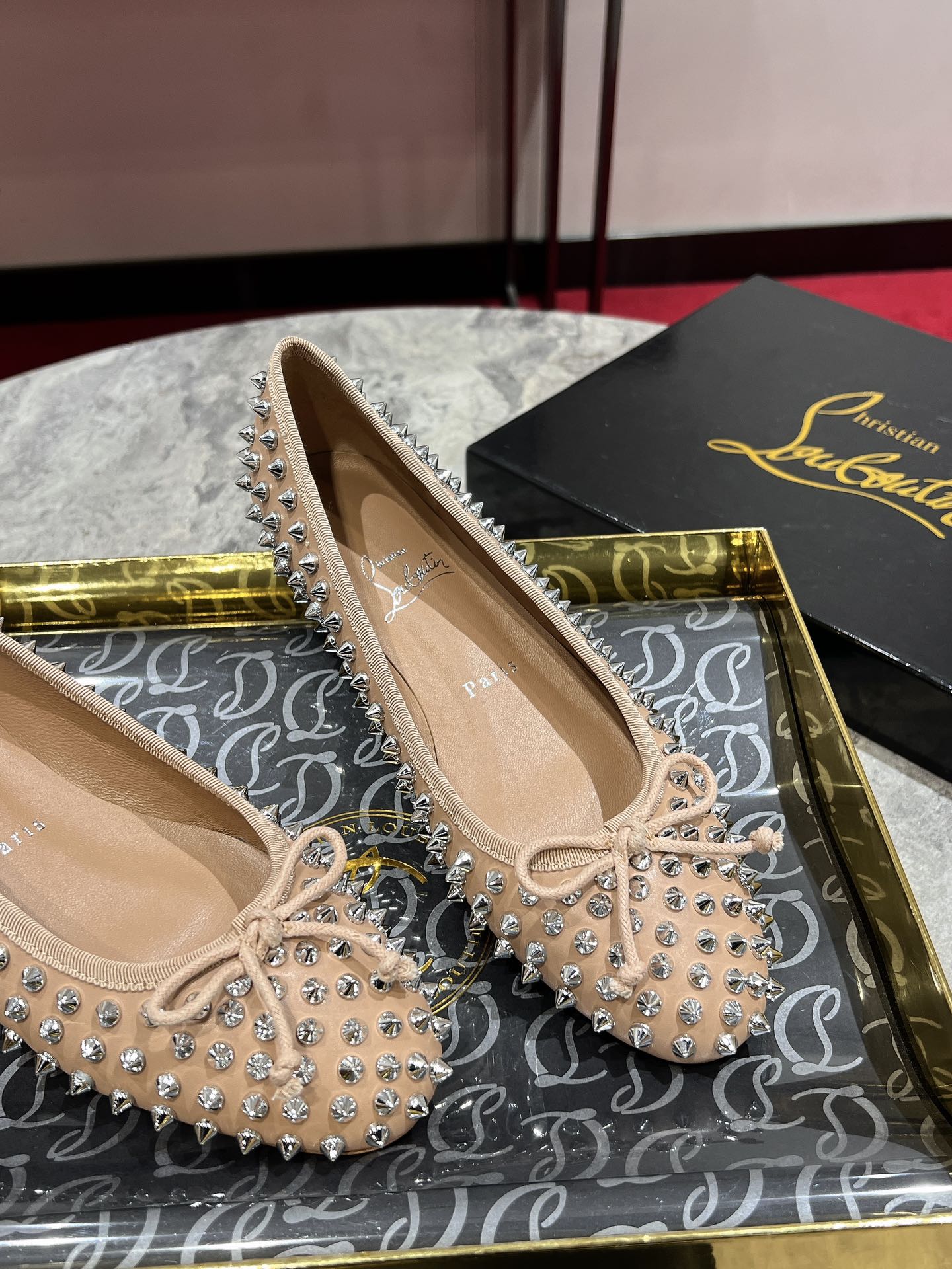 CL Sweetie Jane Spikes Ballerina Pump Nappa Leather Blush Beige