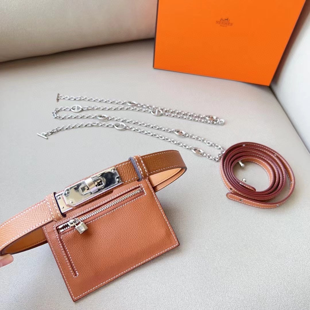 hm kelly belt 18mm with kelly pocket brown epsom silver hardware