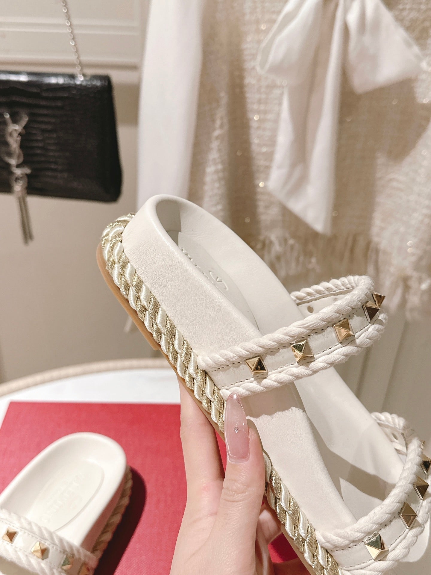 VT Rockstud Sandals White Espadrilles Cowhide 328128