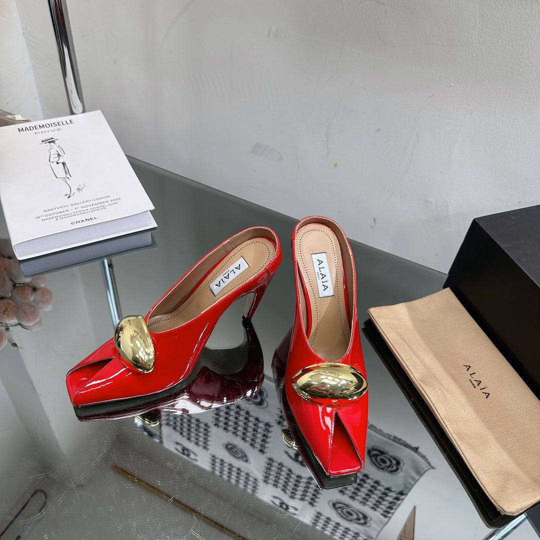 ALAIA AZZEDINE HIGH HEELS IN CHERRY RED CALFSKIN WITH GOLD HARDWARE