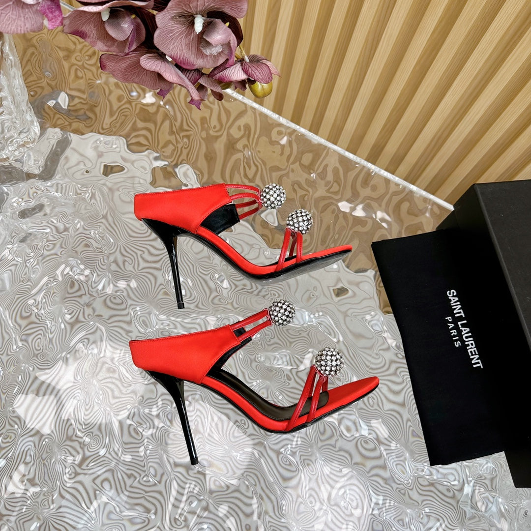 SL POM CIRCLE CRYSTAL HEELED SANDALS RED SATIN